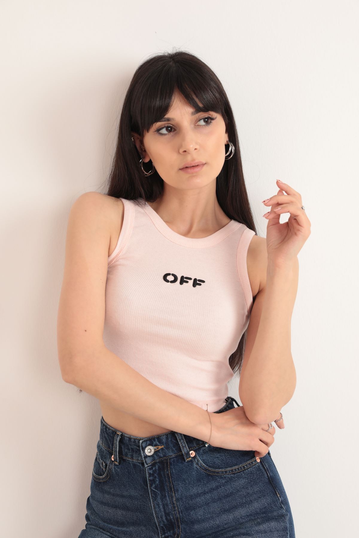 KAŞKORSE KUMAŞ OFF YAZILI CROP BLUZ