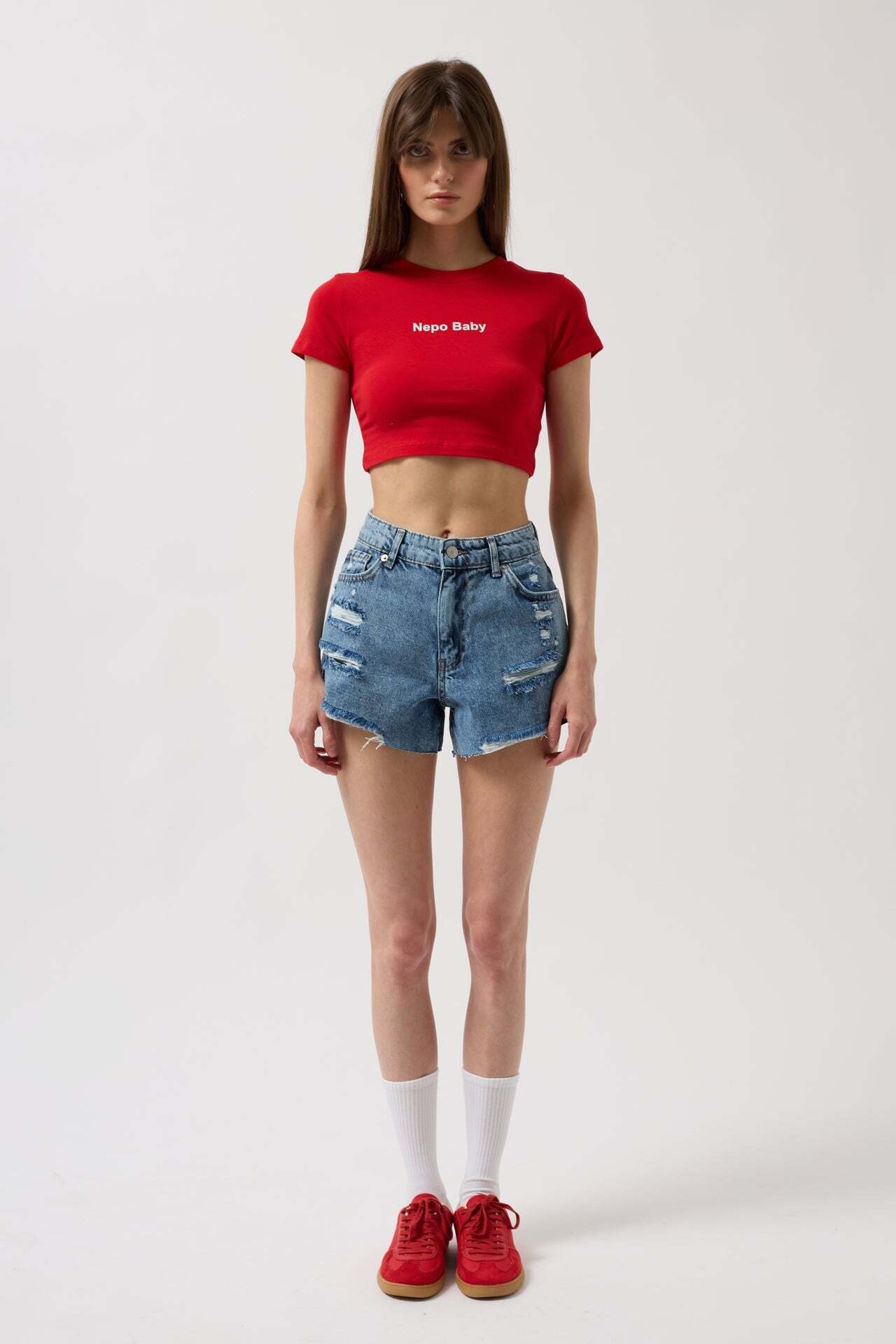Nepo Baskılı Crop Kırmızı T-Shirt