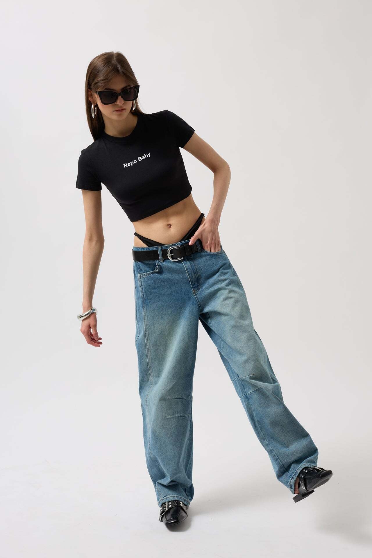 Nepo Baskılı Crop Siyah T-Shirt
