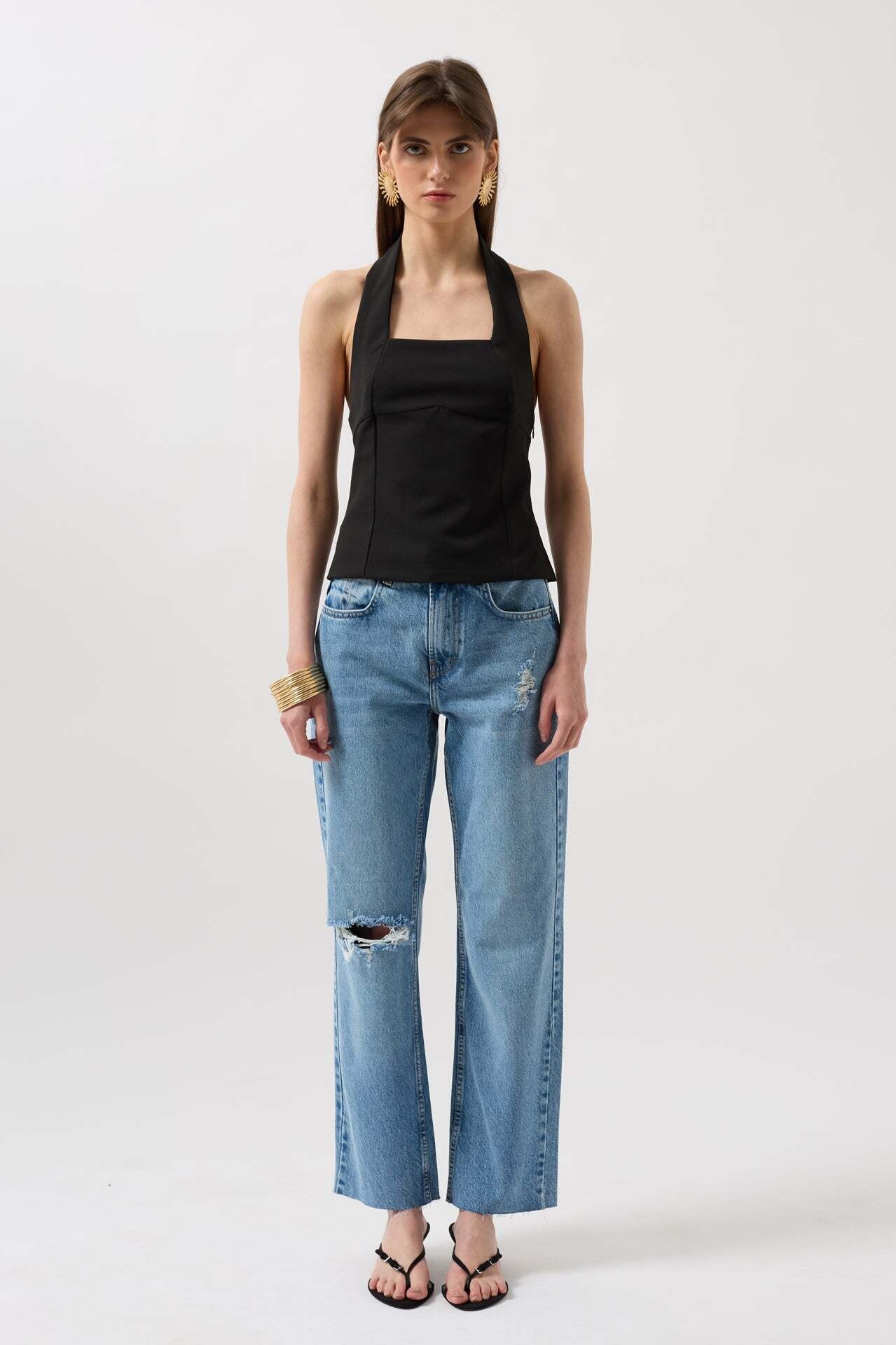 Kalın Askılı Crop Siyah Bluz