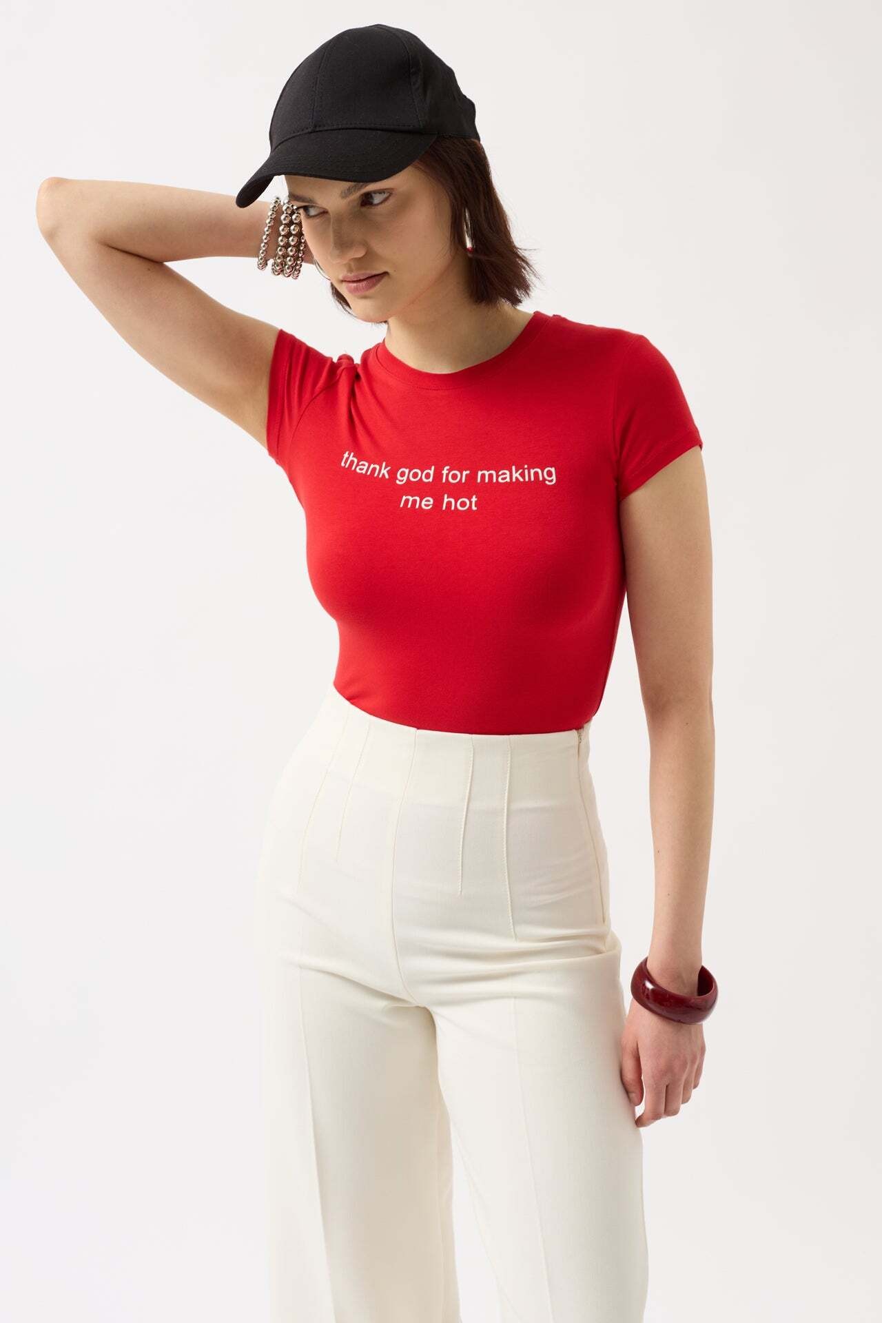 Baskılı Likralı Crop Kırmızı T-Shirt