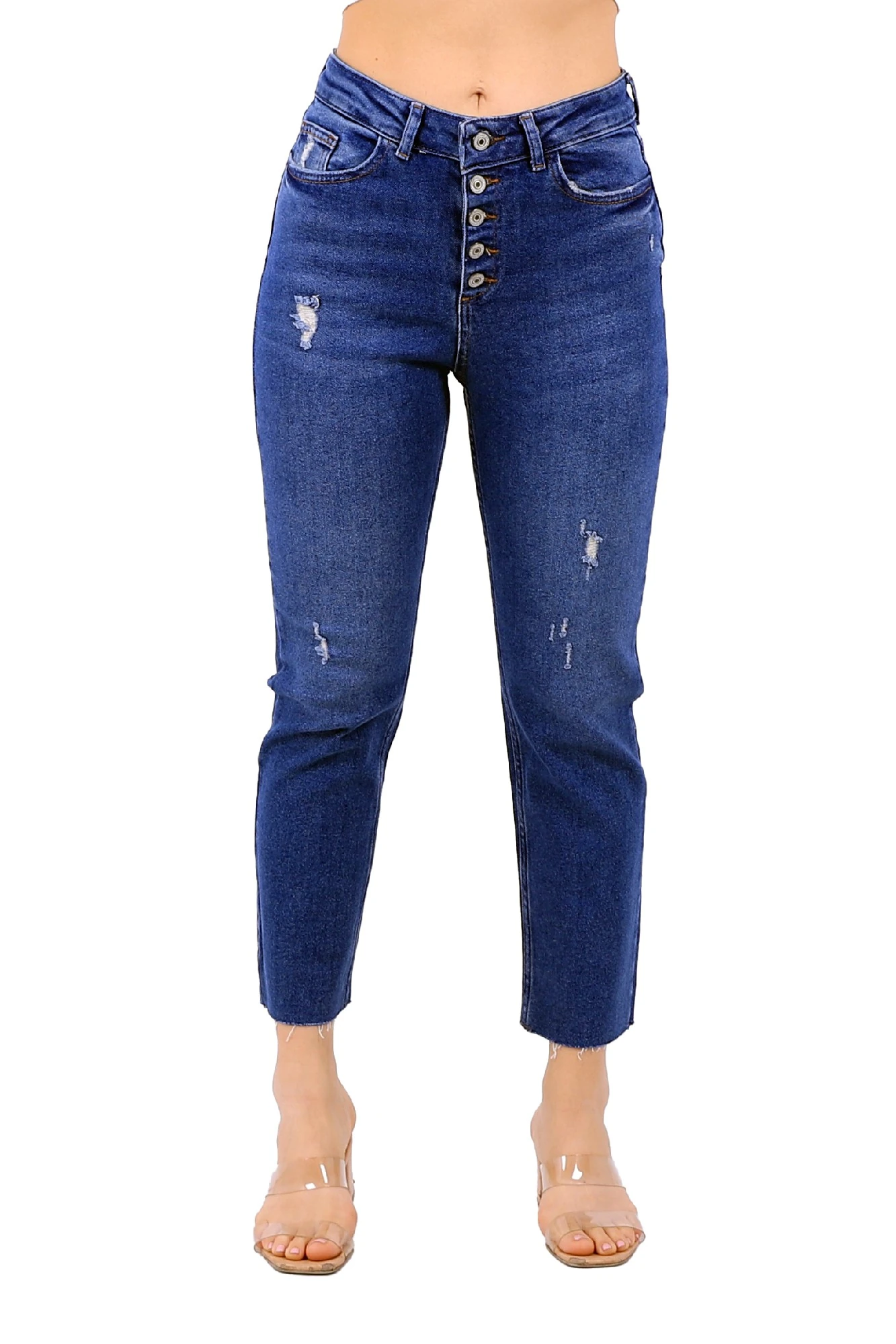 Mavi Renk Bilek Boy Boru Paça Yüksek Bel Düğme Detaylı Jean