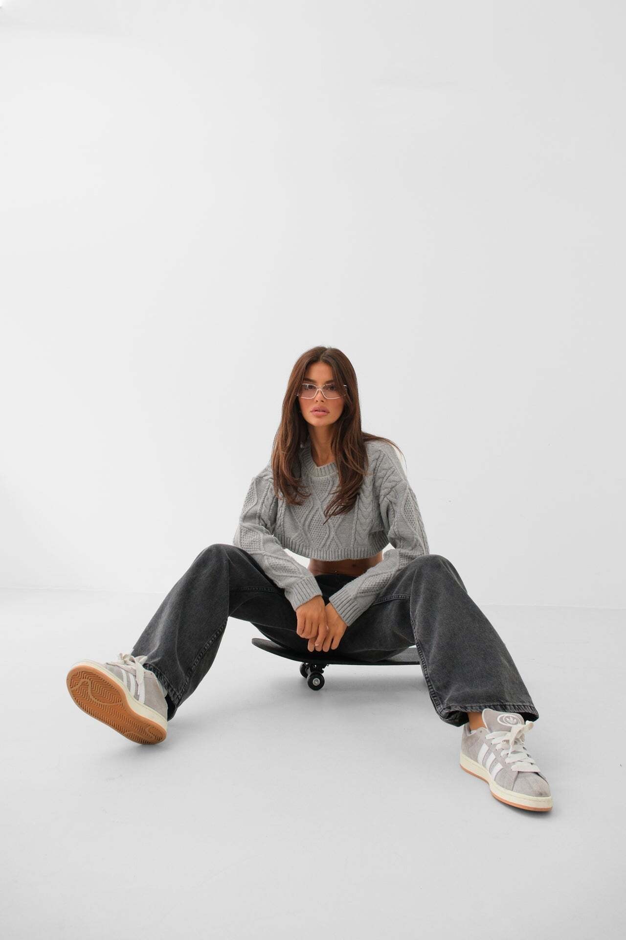 Düşük Bel Çift Düğmeli Gri Wide Leg Jean
