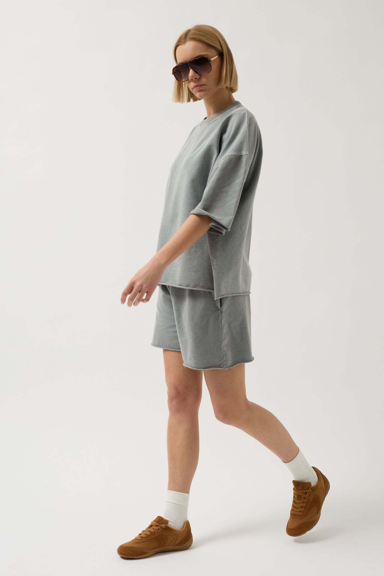 Oversize Lazer Kesim Bisiklet Yaka Gri T-Shirt