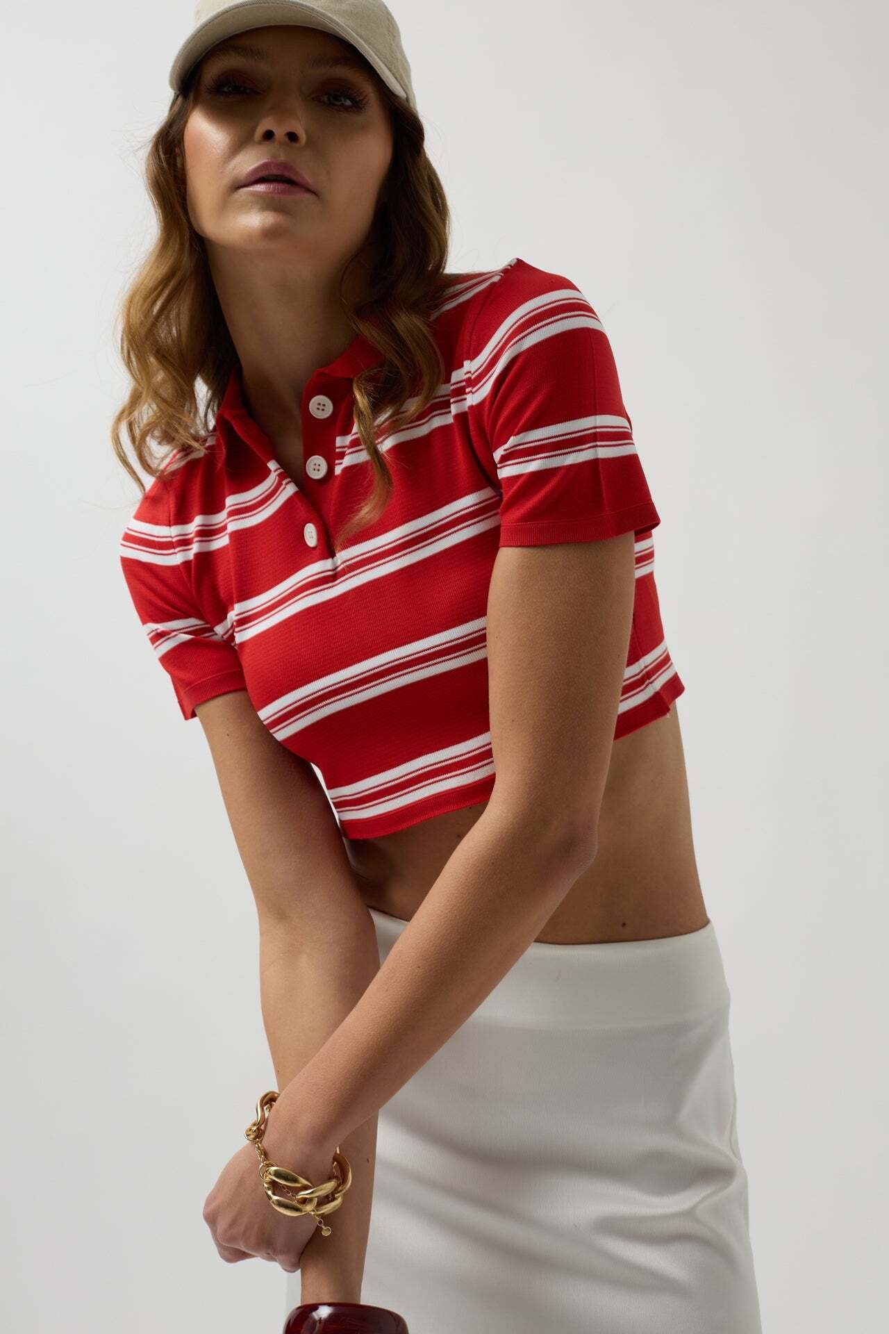 Polo Yaka Crop Kırmızı T-Shirt