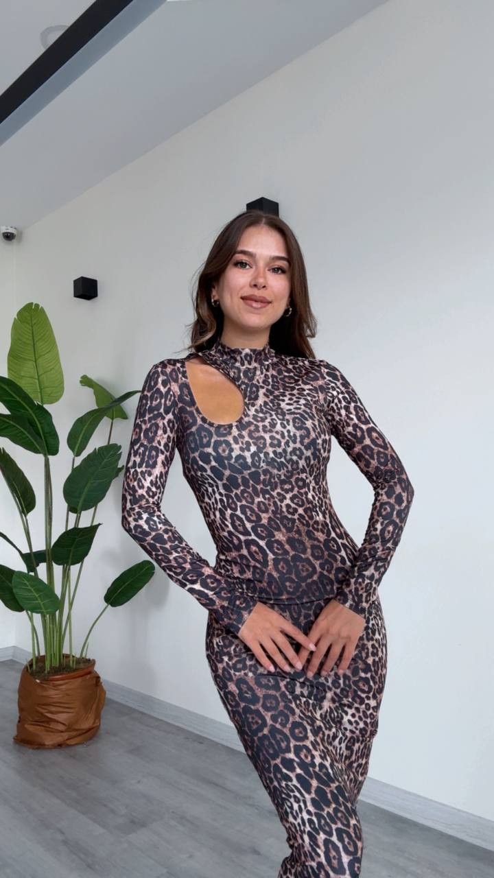 Kadın Leopar Desenli Uzun Kollu Cut-Out Elbise