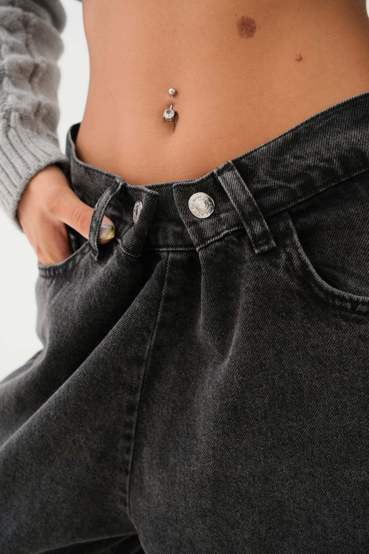 Düşük Bel Çift Düğmeli Gri Wide Leg Jean