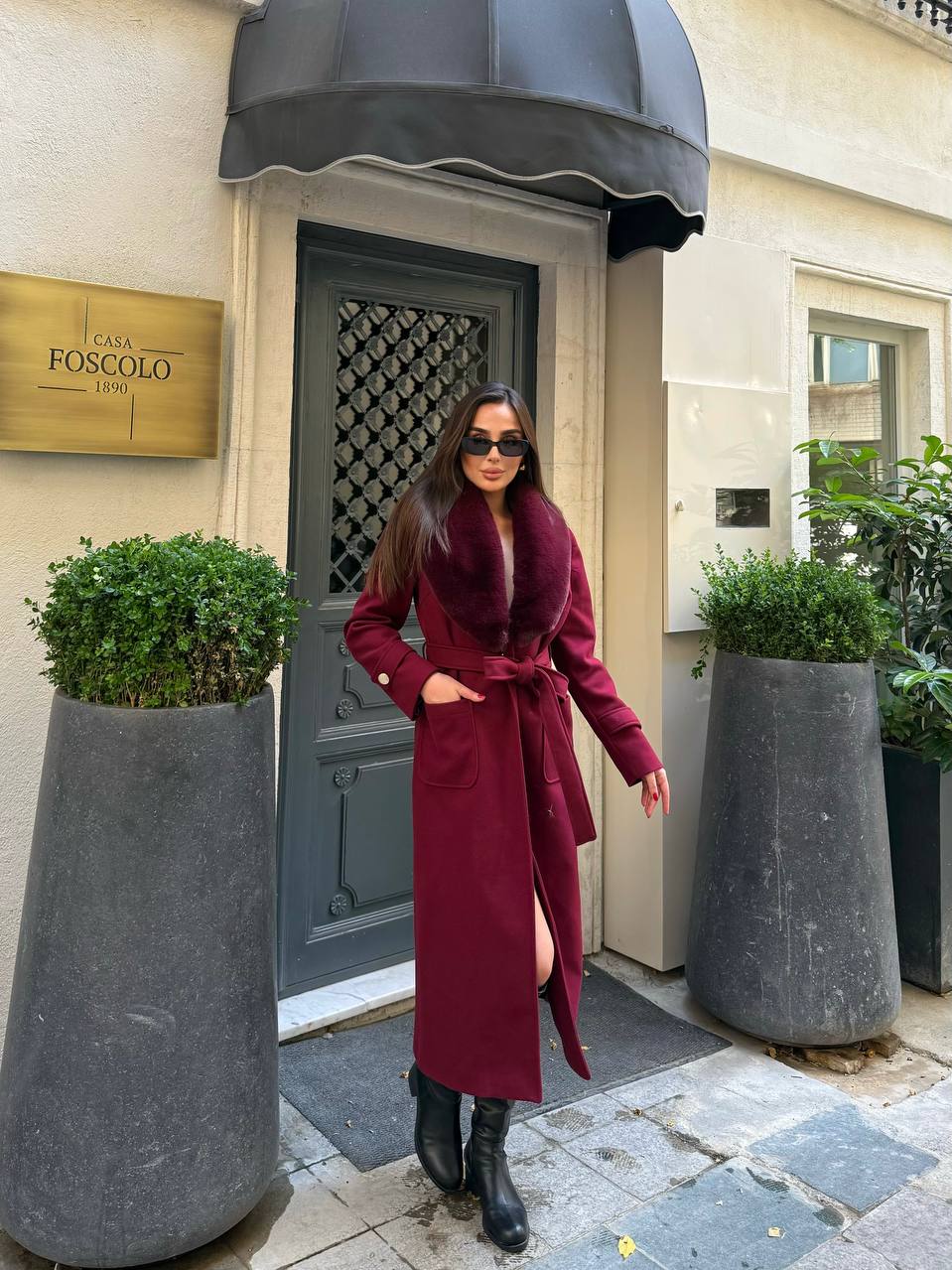 Premium Kürk Yakalı Bordo Kaşe Kaban – Maxi Boy