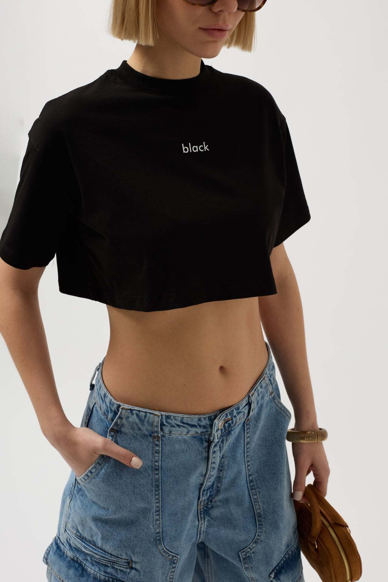 Baskılı Crop Siyah T-Shirt