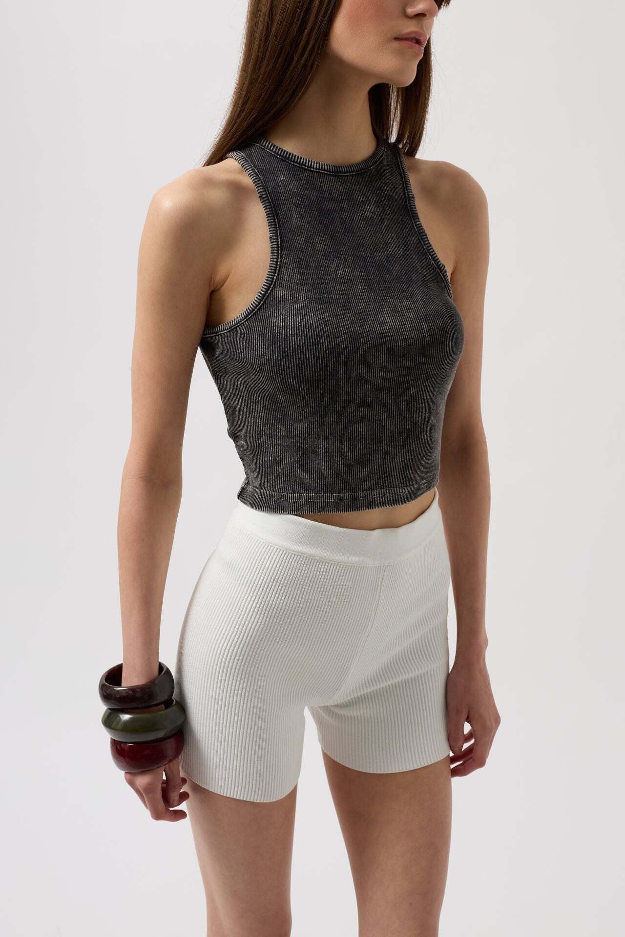Yıkamalı Halter Yaka Crop Siyah Bluz