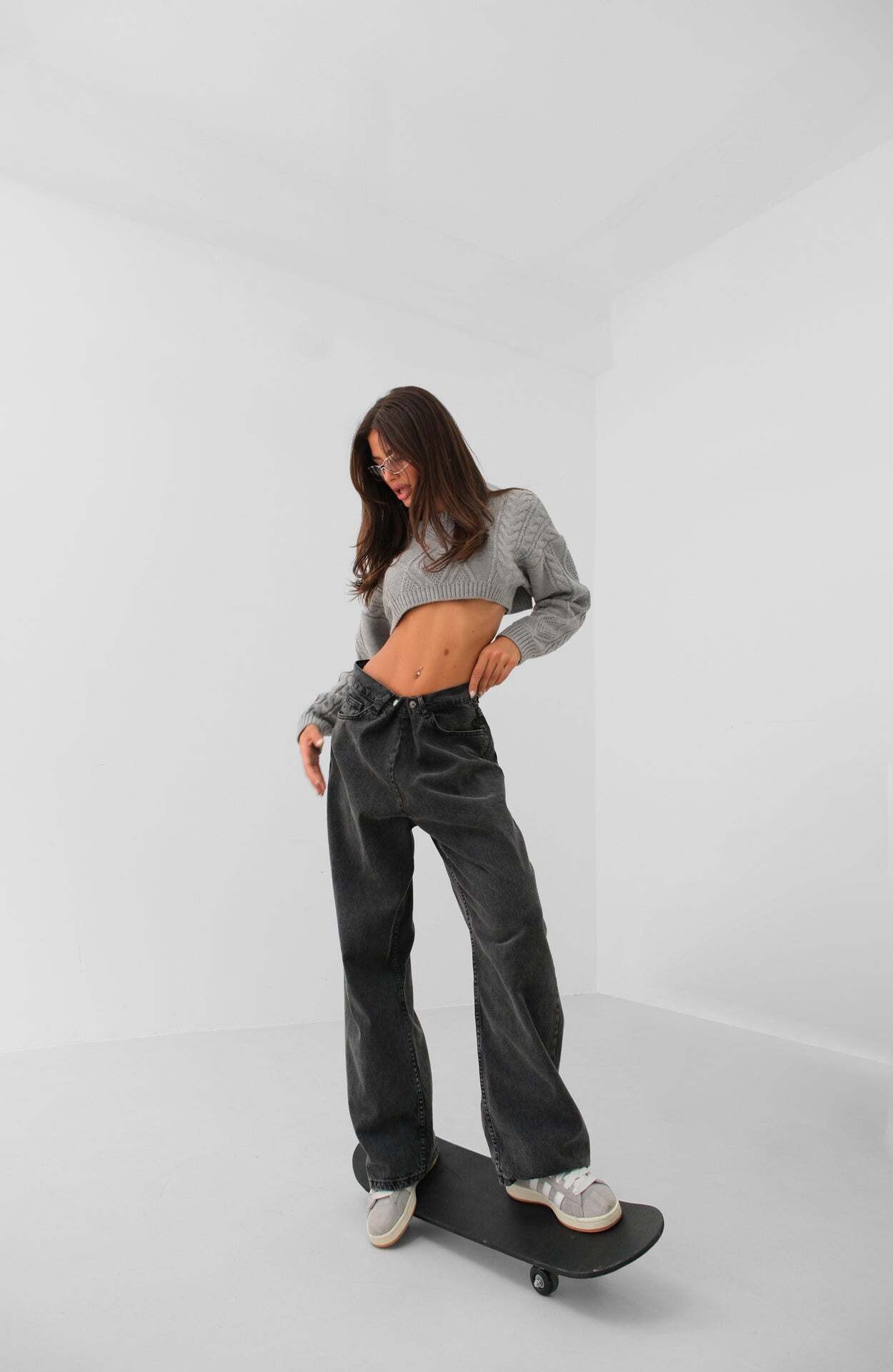 Düşük Bel Çift Düğmeli Gri Wide Leg Jean