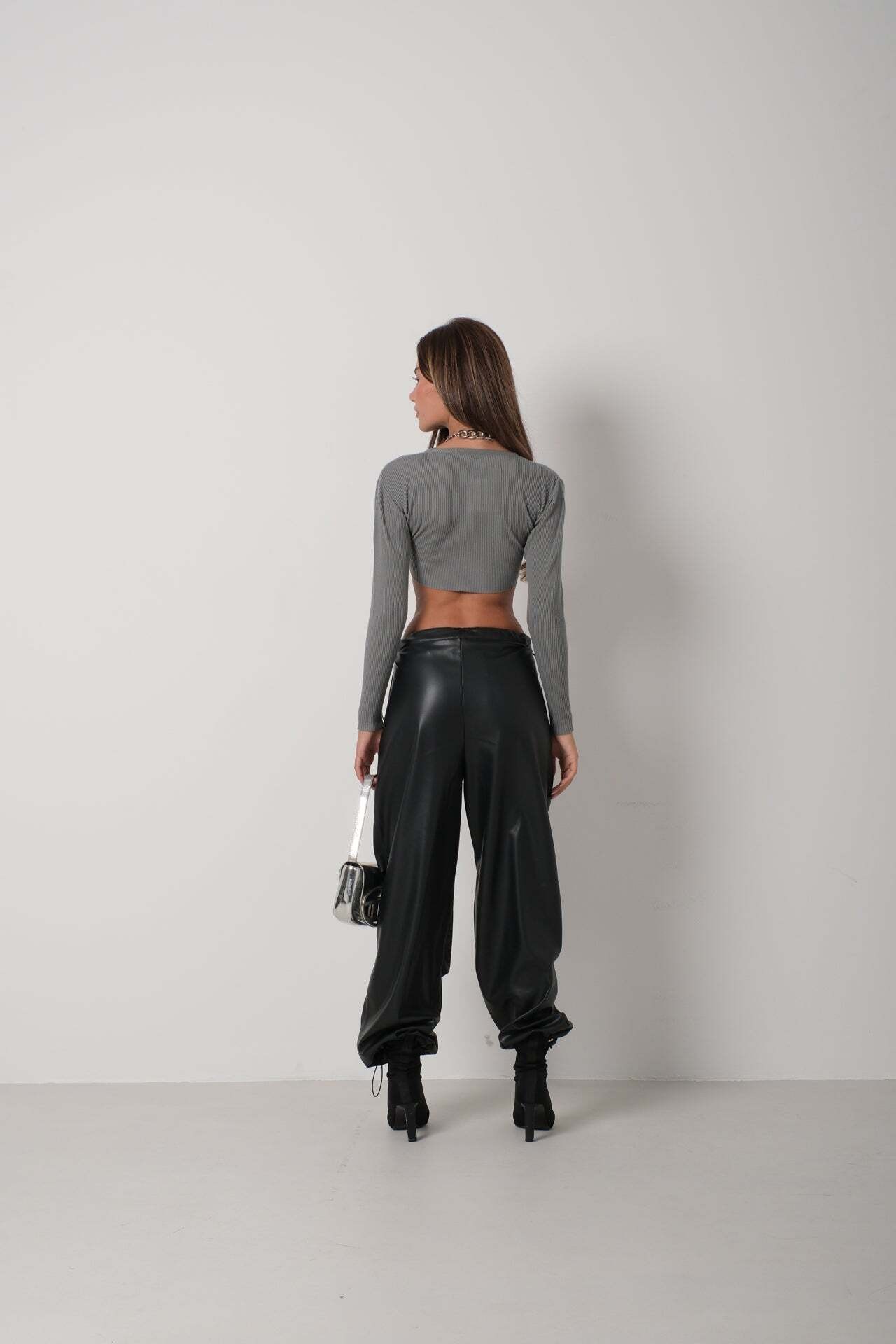 Basic Gri Crop Triko Bluz