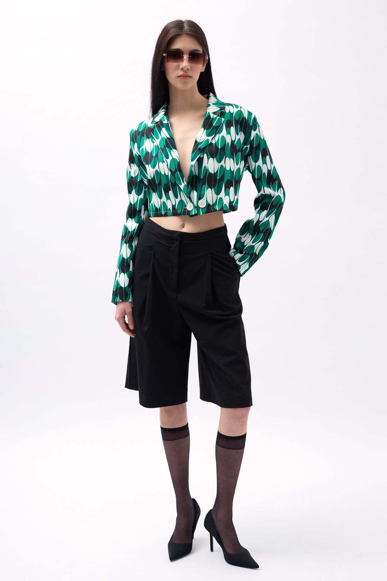 Desenli Yeşil Crop Ceket