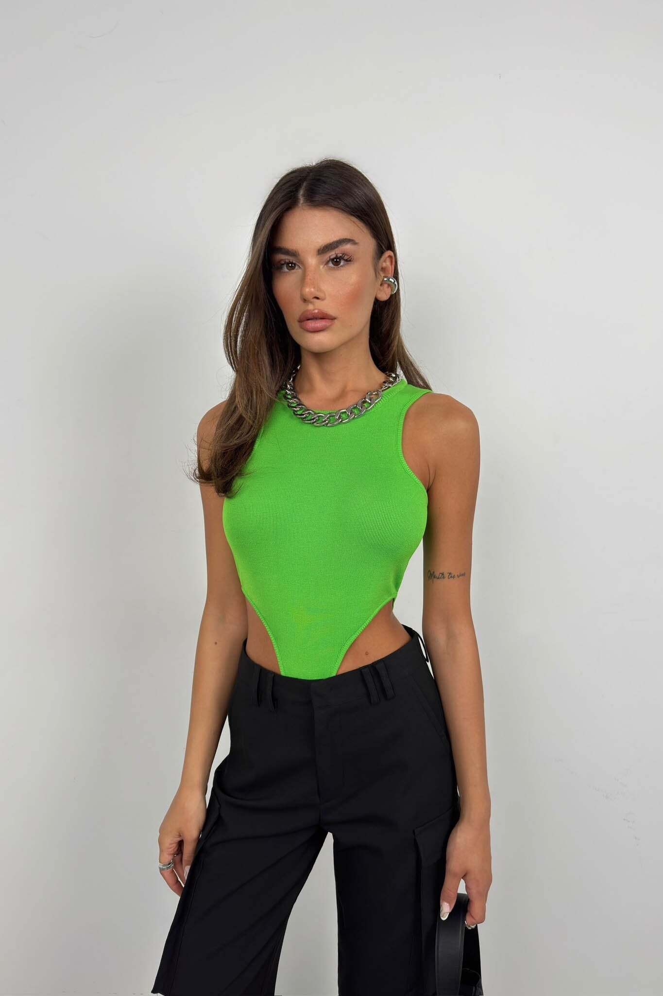 Pencere Detay Yüzücü Lime Bodysuit