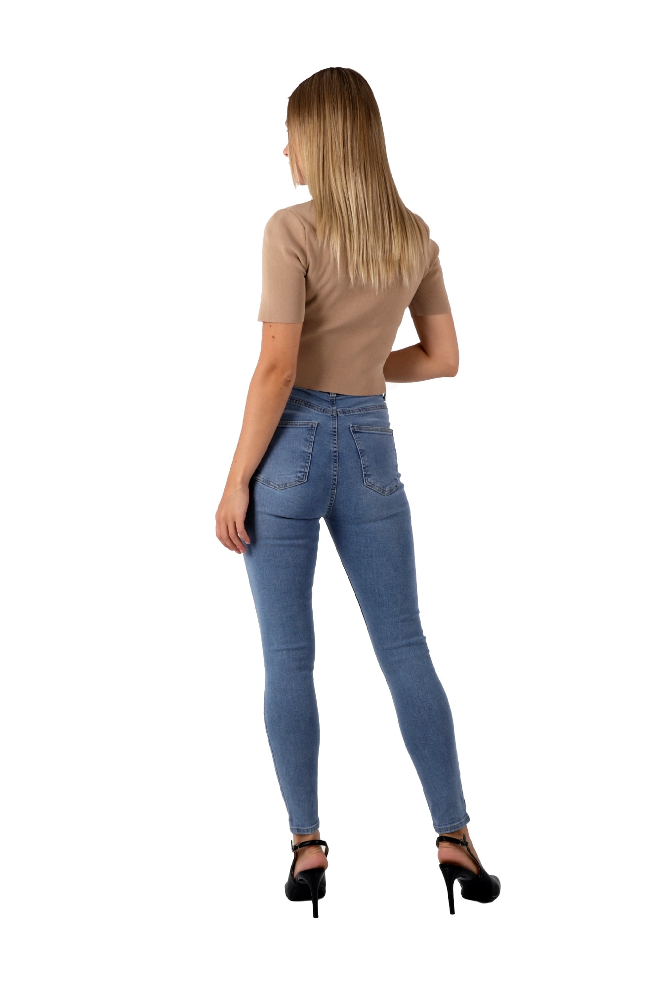 MAVİ RENK DAR PAÇA DİZ YIRTIK YÜKSEK BEL KOT PANTALON
