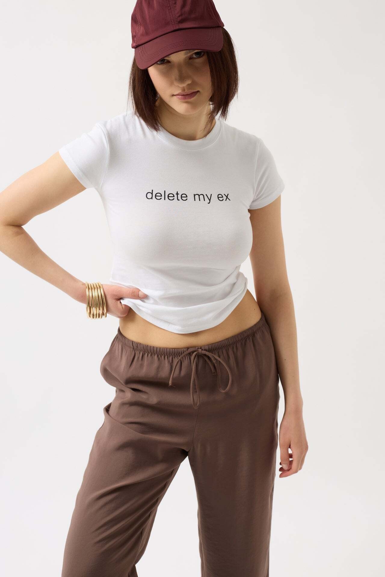 Baskılı Likralı Crop Beyaz T-Shirt