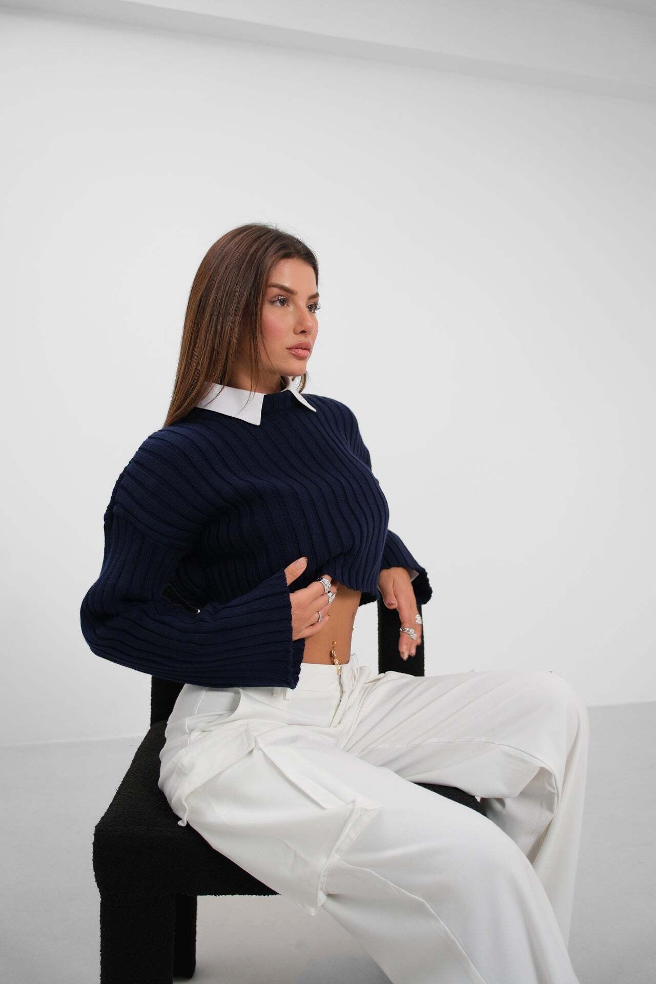 Fitilli Crop Triko Lacivert Kazak