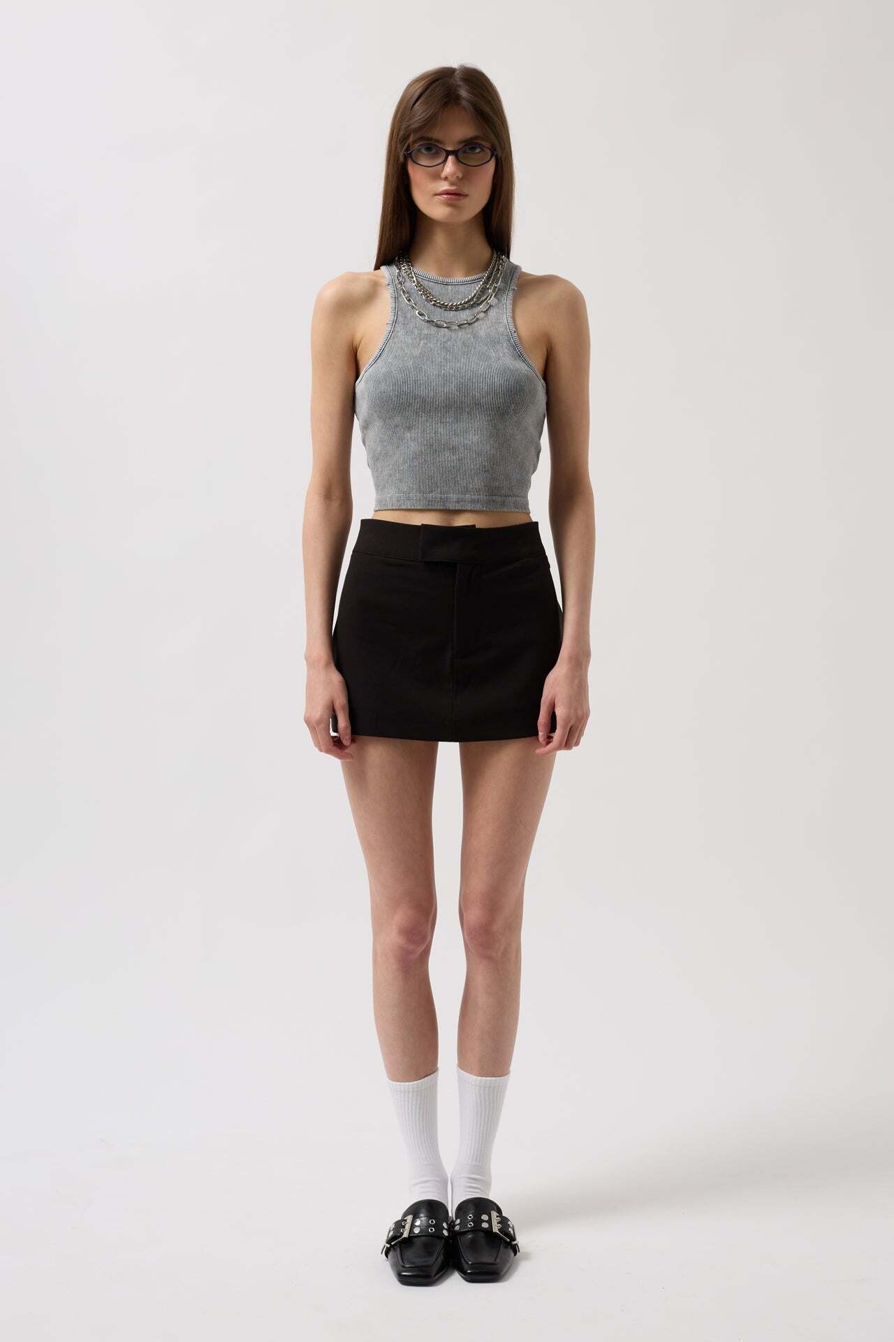 Yıkamalı Halter Yaka Crop Gri Bluz