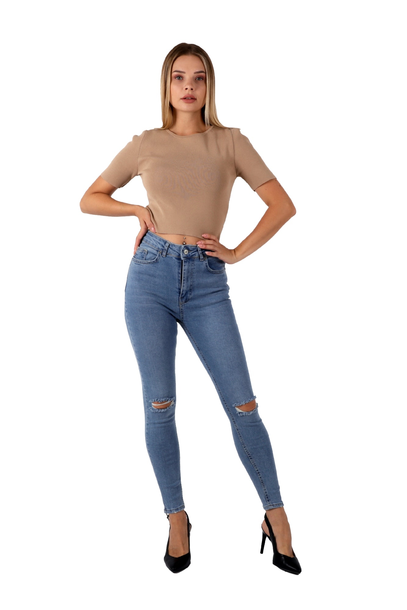 MAVİ RENK DAR PAÇA DİZ YIRTIK YÜKSEK BEL KOT PANTALON