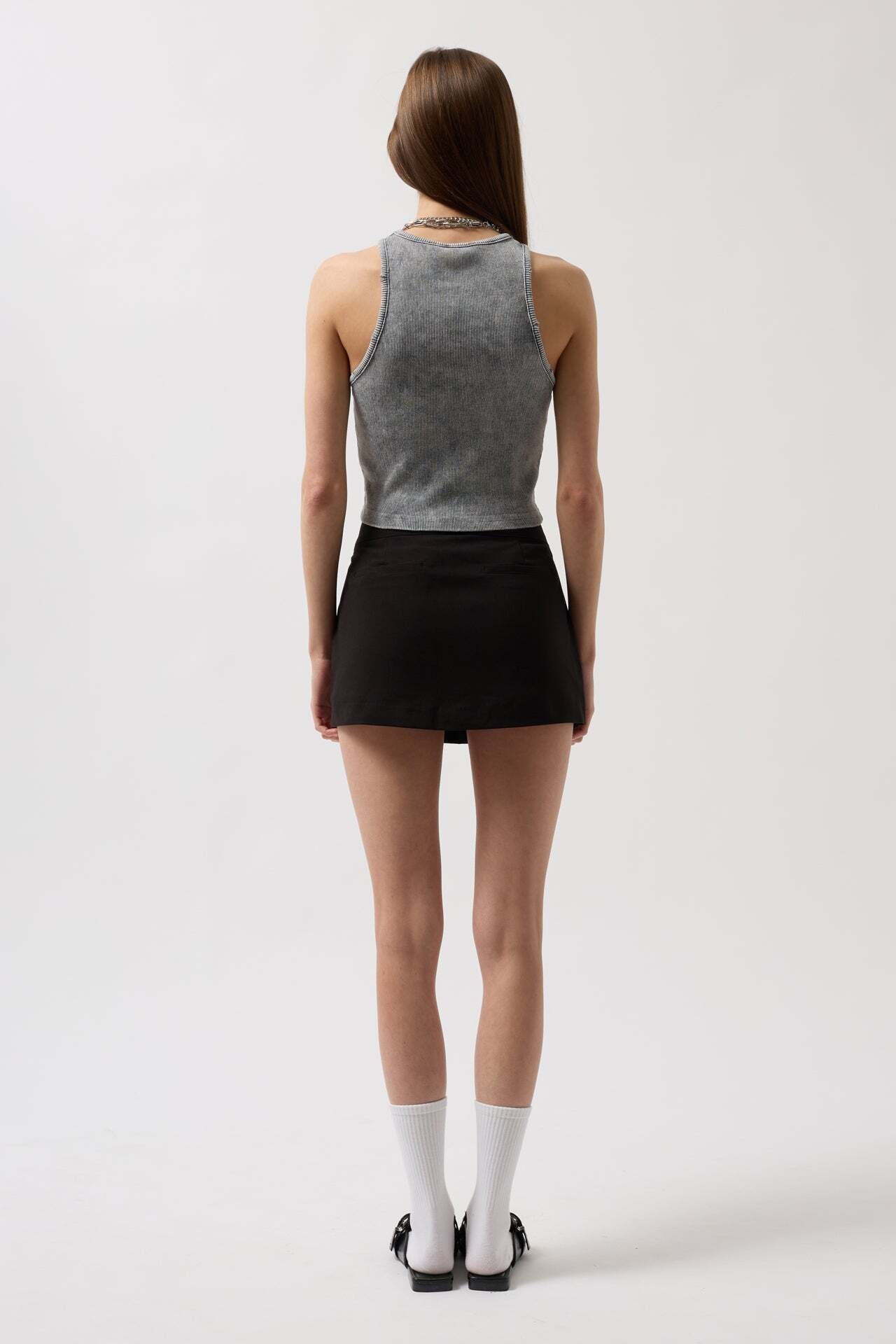 Yıkamalı Halter Yaka Crop Gri Bluz
