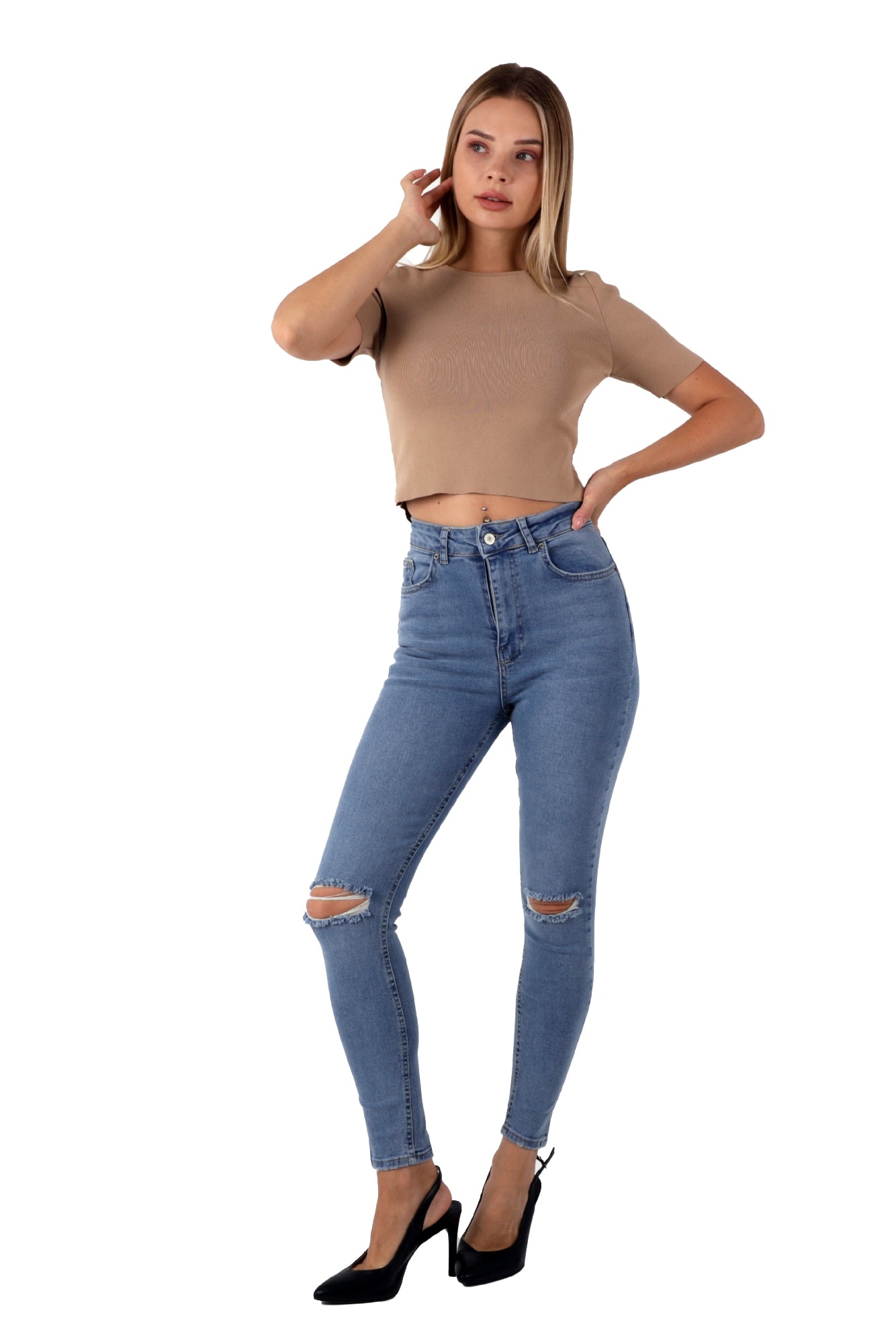 MAVİ RENK DAR PAÇA DİZ YIRTIK YÜKSEK BEL KOT PANTALON