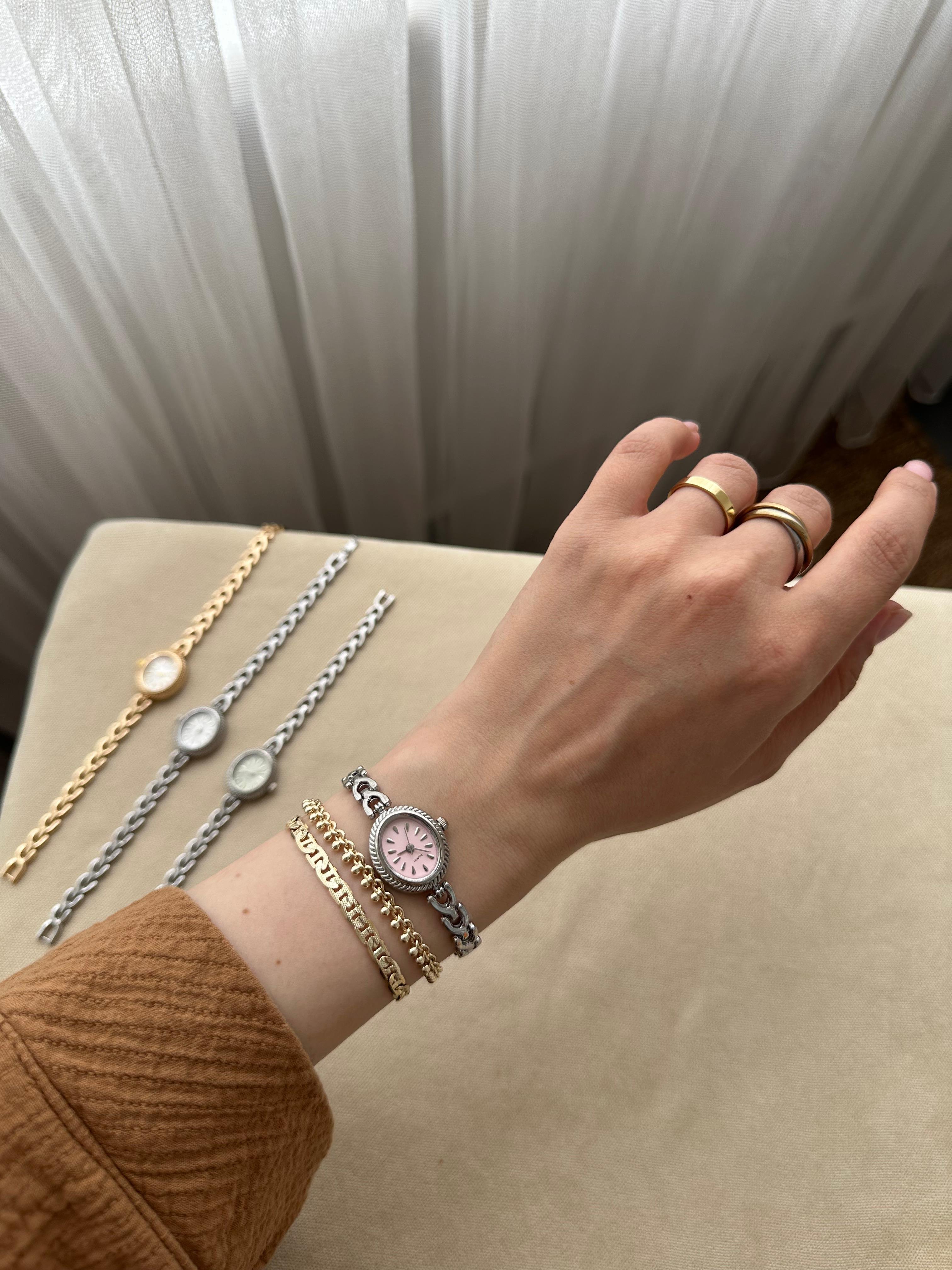 Anna Model Saat Ve Bileklik Seti - Gümüş Pembe