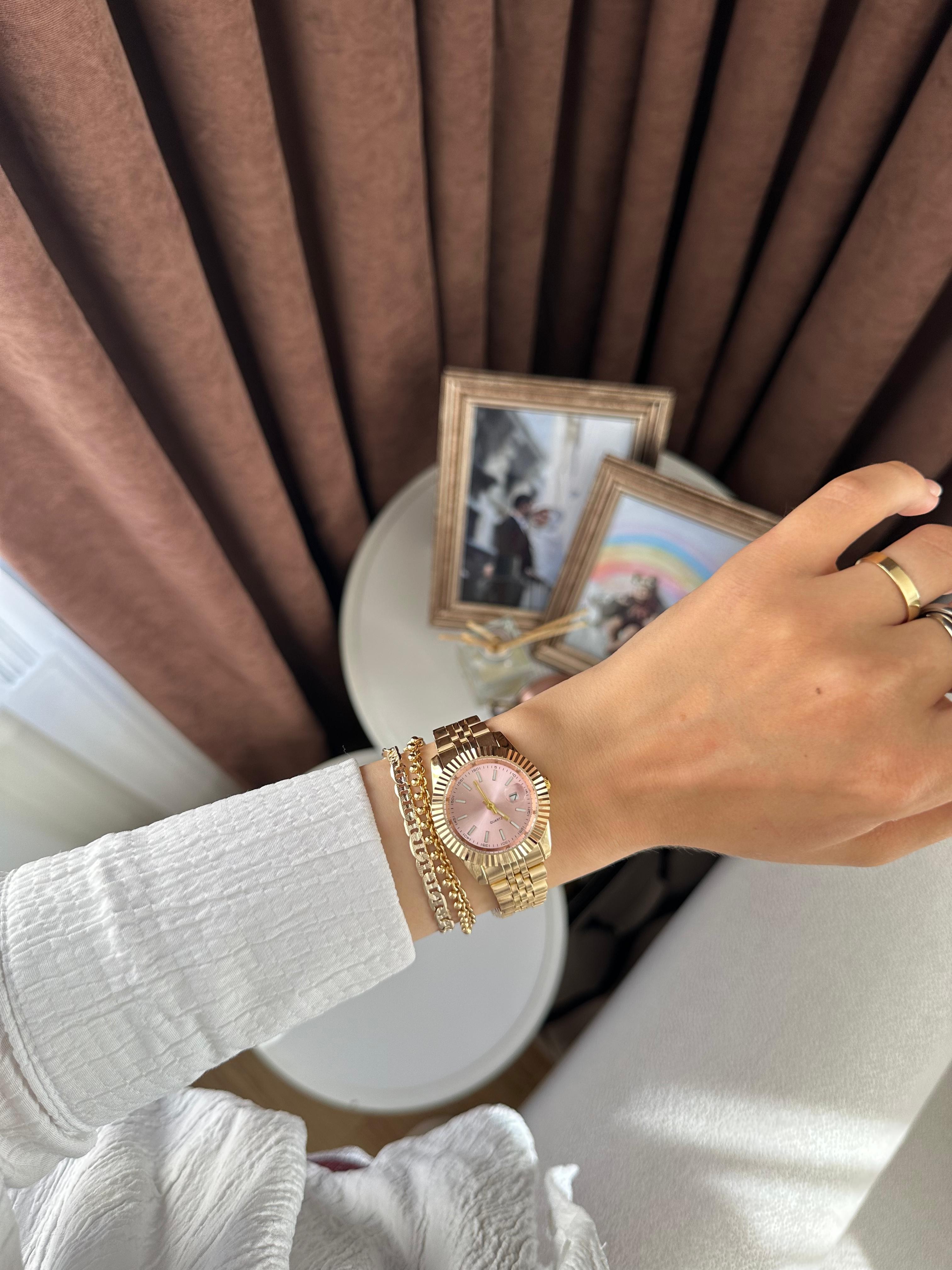 Betty Model Saat Ve Bileklik Seti - Gold Pembe