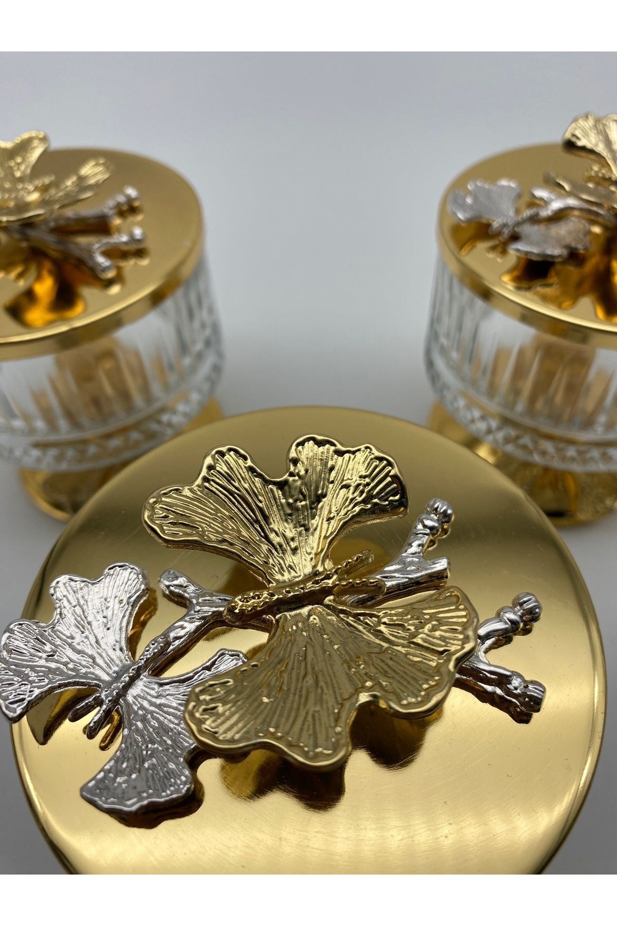 3'lü Ayaklı Gold Elysia Cam Magnolia Kasesi, Kelebek Kapaklı Dondurmalık, Şekerlik, Çerezlik