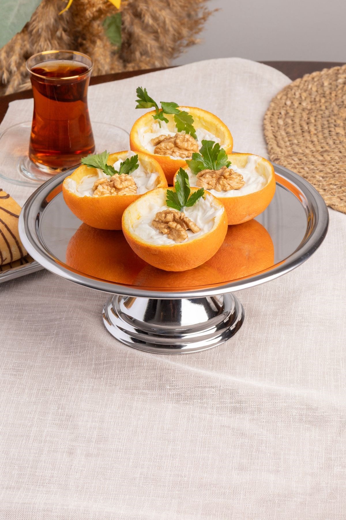 Gümüş Yuvarlak, Ayaklı Şık Kek, Pasta, Kurabiye ve Tatlı Servis Sunum Standı