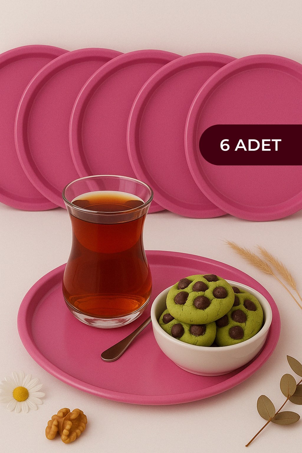 6'lı Pembe Yuvarlak Metal Tepsi, Tek Kişilik Çay ve Kahve Sunum Tepsisi 22cm