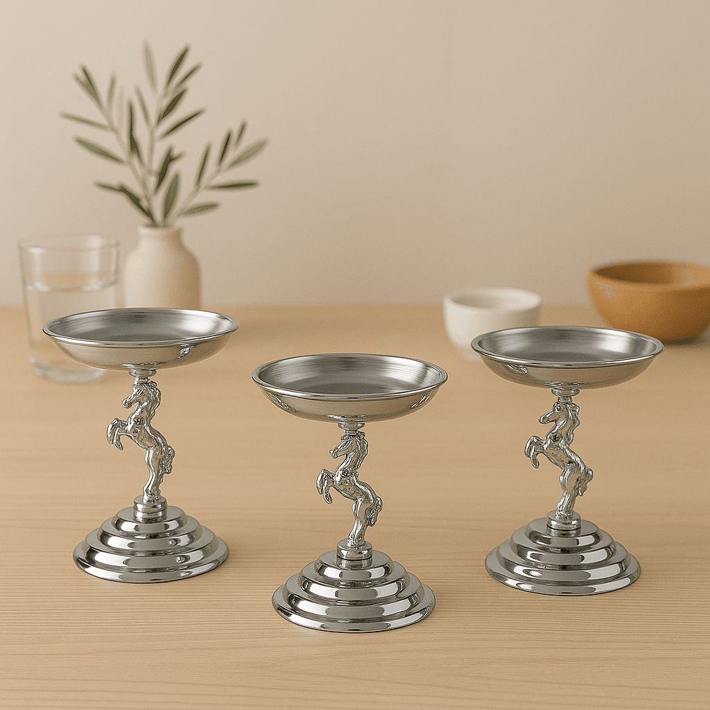 3'lü Atlı Gümüş Lokumluk, Çay ve Kahve Yanı Sunumluk, Metal Şekerlik, Makaronluk