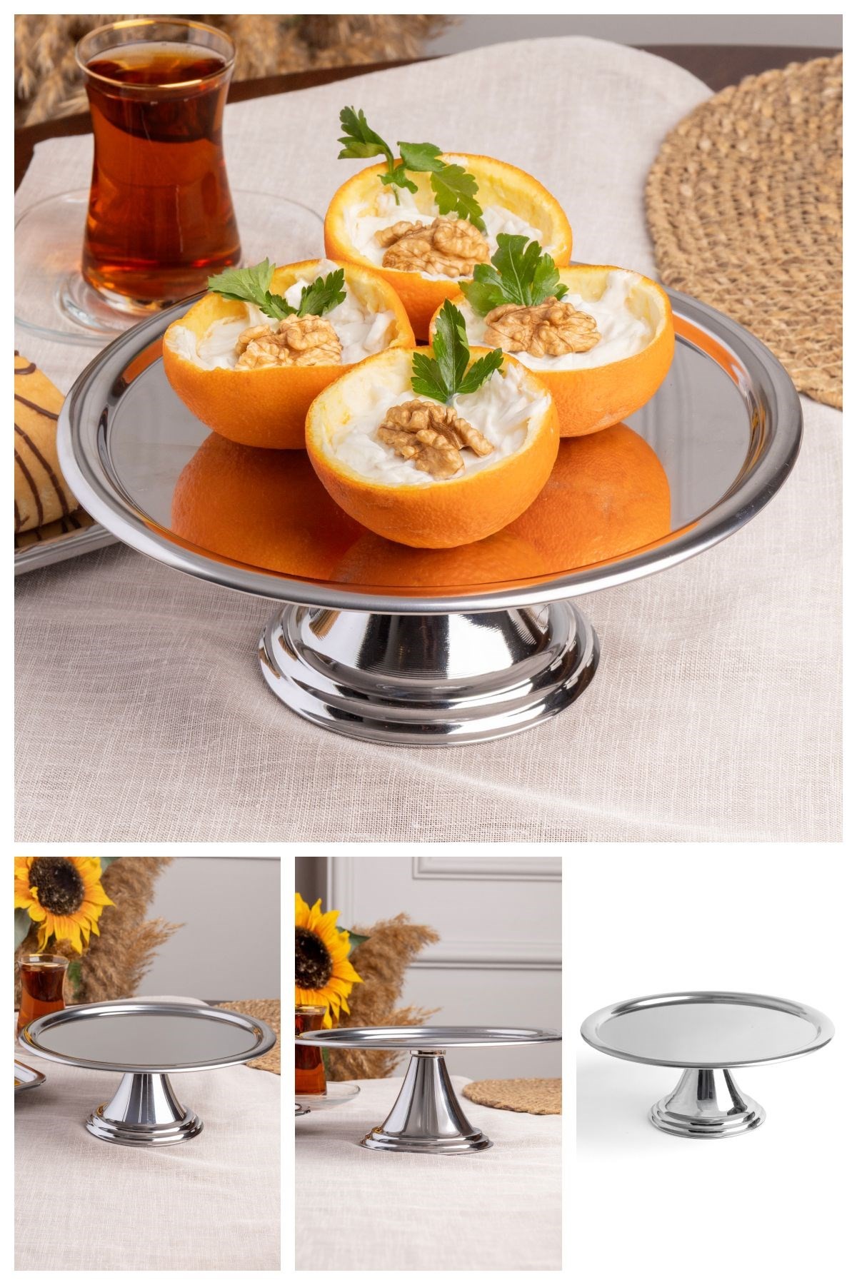Gümüş Yuvarlak, Ayaklı Şık Kek, Pasta, Kurabiye ve Tatlı Servis Sunum Standı