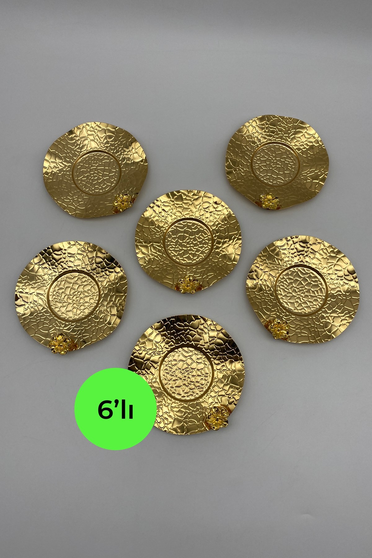 6'lı Gold Dalgalı, Kabartma Model Papatyalı Çay Tabağı Seti, Bardak Altlığı