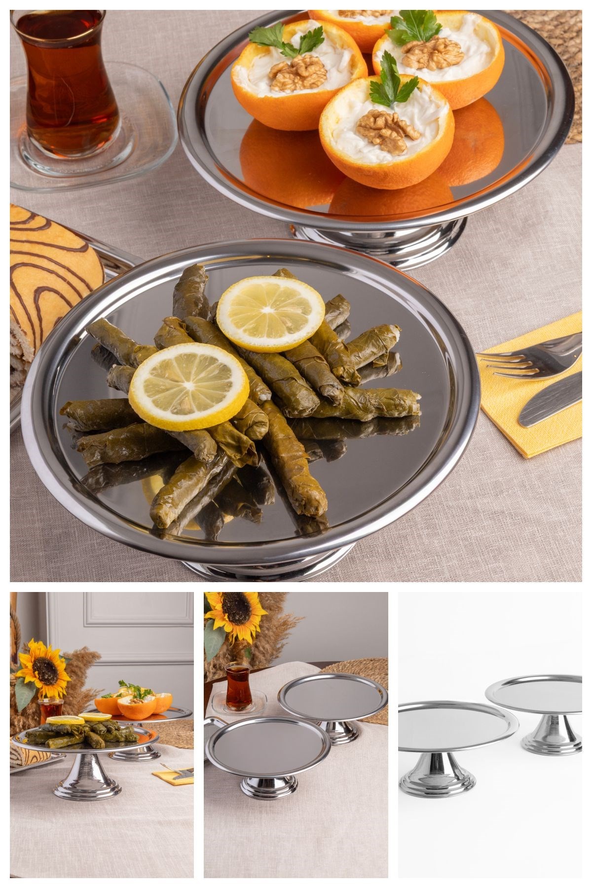 2'li Gümüş Yuvarlak, Ayaklı Şık Kek, Pasta, Kurabiye ve Tatlı Servis Sunum Standı