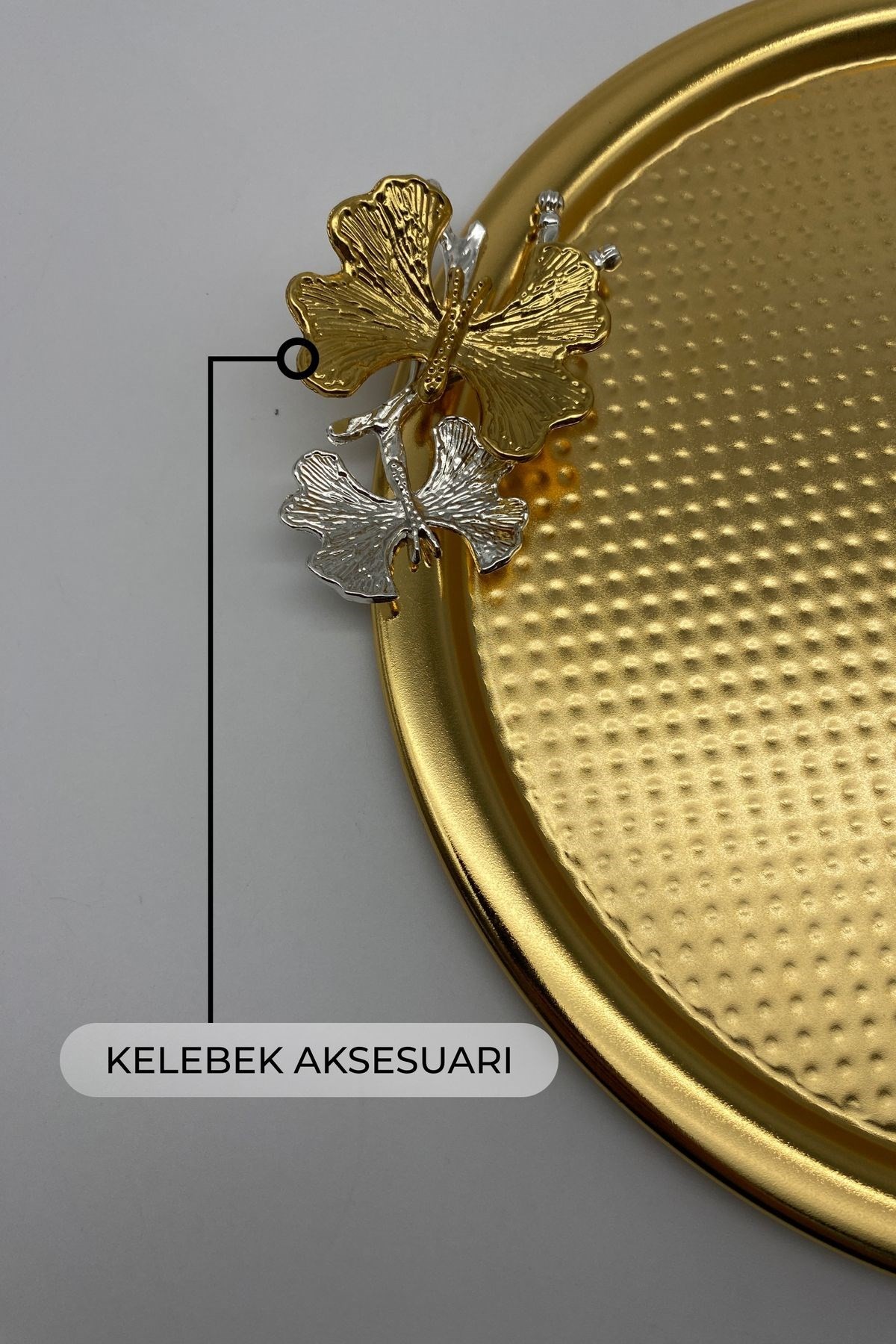 3'lü Kelebekli Yuvarlak Gold Çay ve Kahve Sunum Tepsisi, Dekoratif Servis Tepsisi 22cm Tek Kişilik