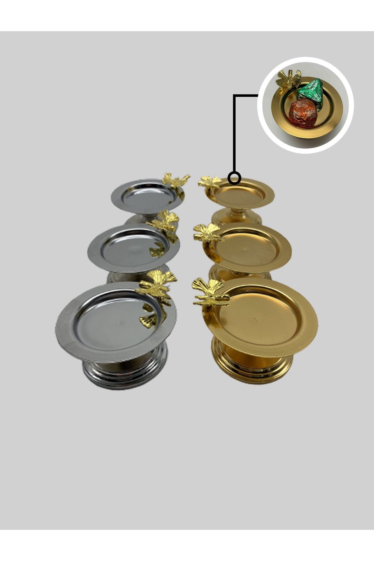 3 Gold, 3 Gümüş Kelebekli Makaronluk, Çay ve Kahve Yanı Lokumluk, Şekerlik, Metal Sunumluk