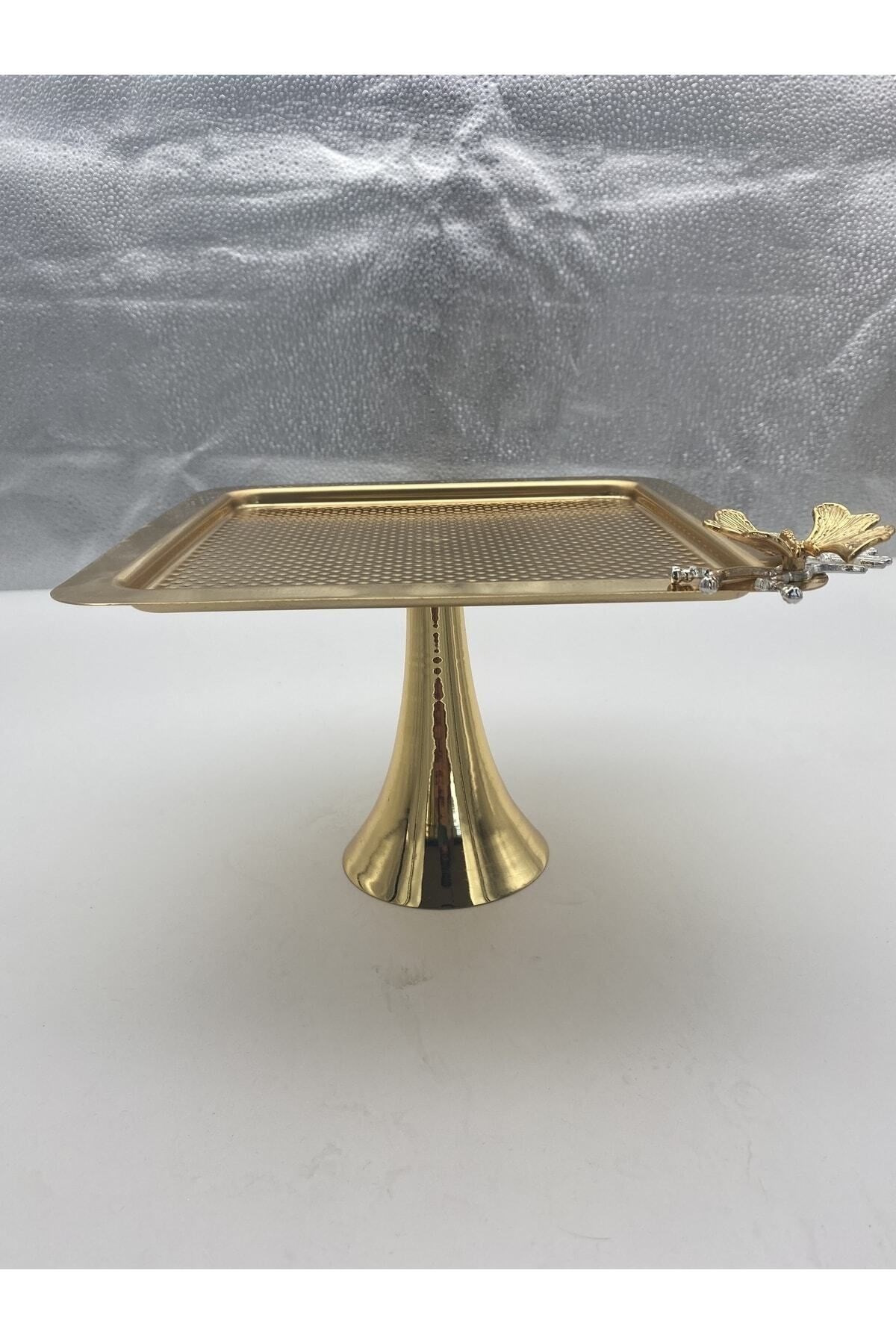 Ayaklı Kare Kelebekli Gold Kek, Kurabiye ve Pasta Sunum Tabağı, Servis Tepsisi