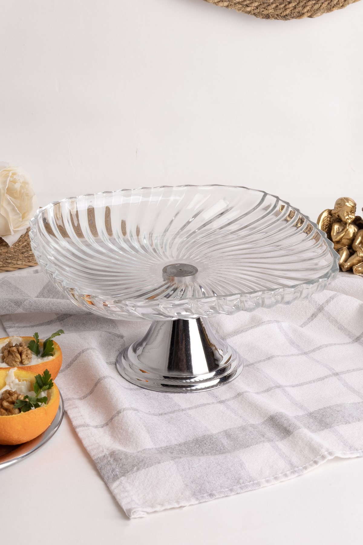 2'li Gümüş Ayaklı Kare Cam Sunumluk, Sarma, Dolma, Salata, Meyve, ve Pasta Stantı, Çeyizlik