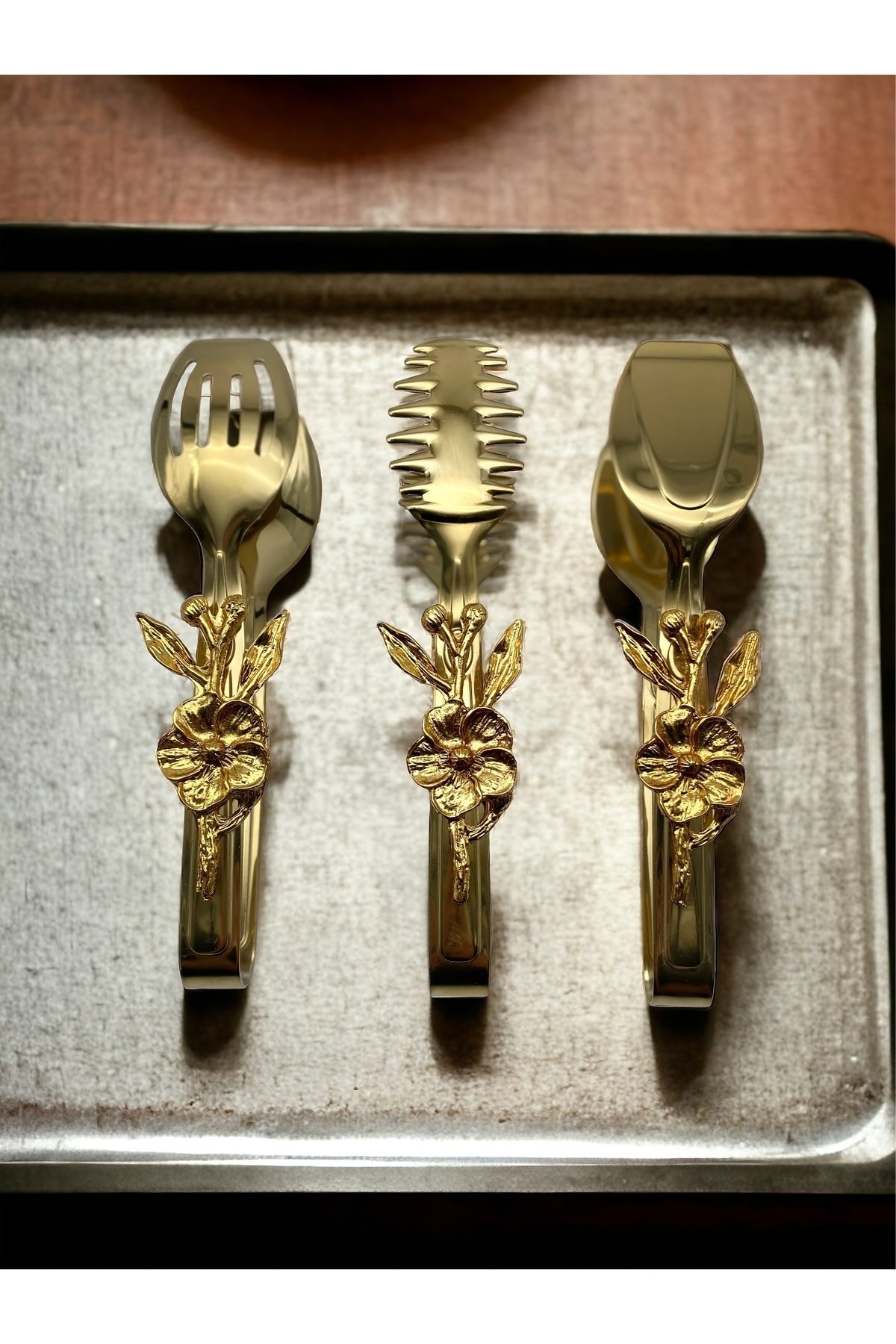 Japon Güllü Gold Salata, Makarna ve Pasta Servis Sunum Maşası, Paslanmaz Çelik 18/10 Yemek Maşası