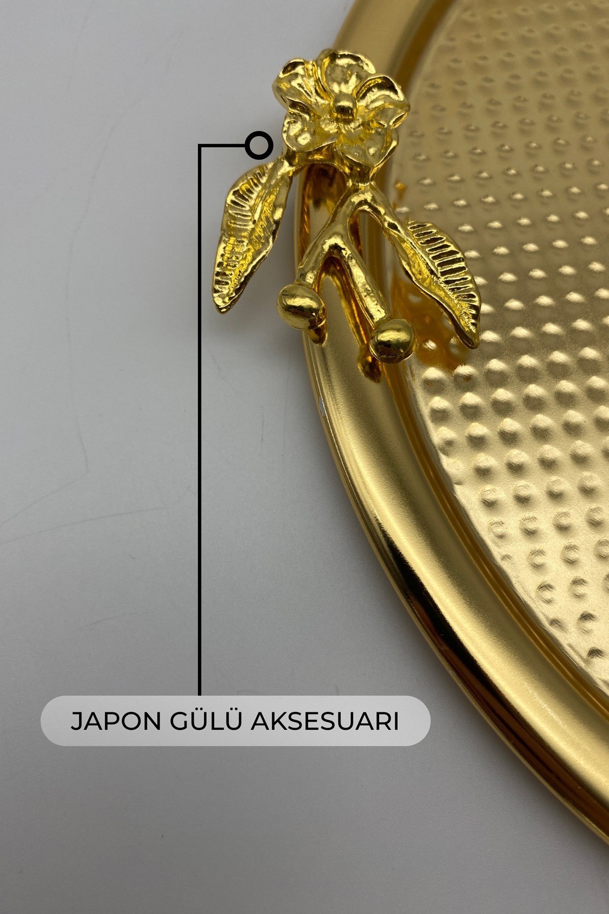 3'lü Japon Güllü Yuvarlak Gold Çay ve Kahve Sunum Tepsisi, Dekoratif Servis Tepsisi 22cm
