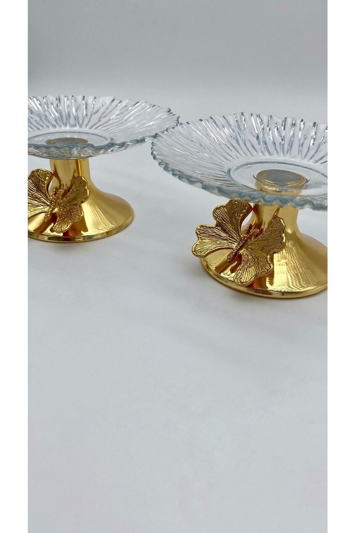 2'li 13cm Gold Kelebek Detaylı Metal Ayaklı Cam Lokumluk , Sunumluk , Şekerlik, Çerezlik