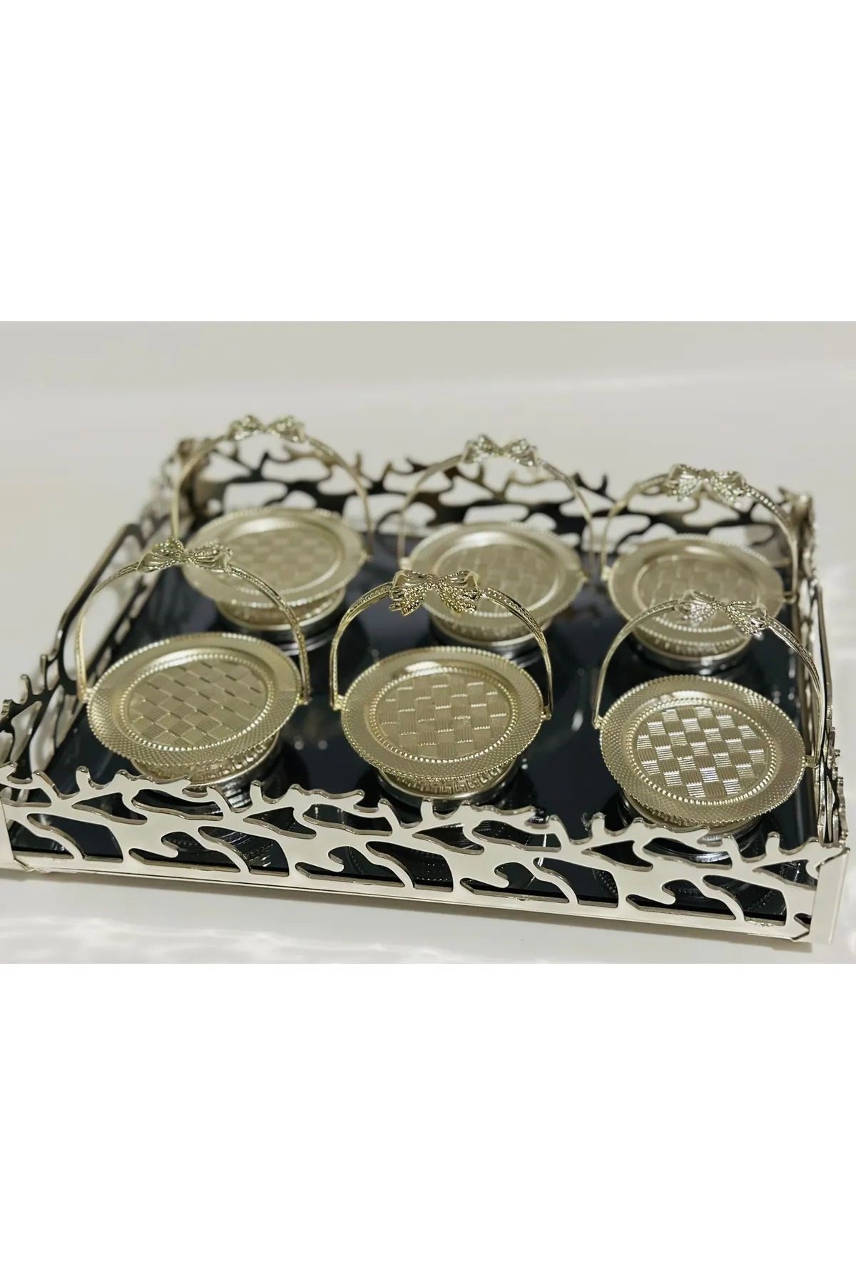 6'lı Gümüş Kurdele Lokumluk, Çay Ve Kahve Yanı Sunumluk, Metal Şekerlik, Makaronluk