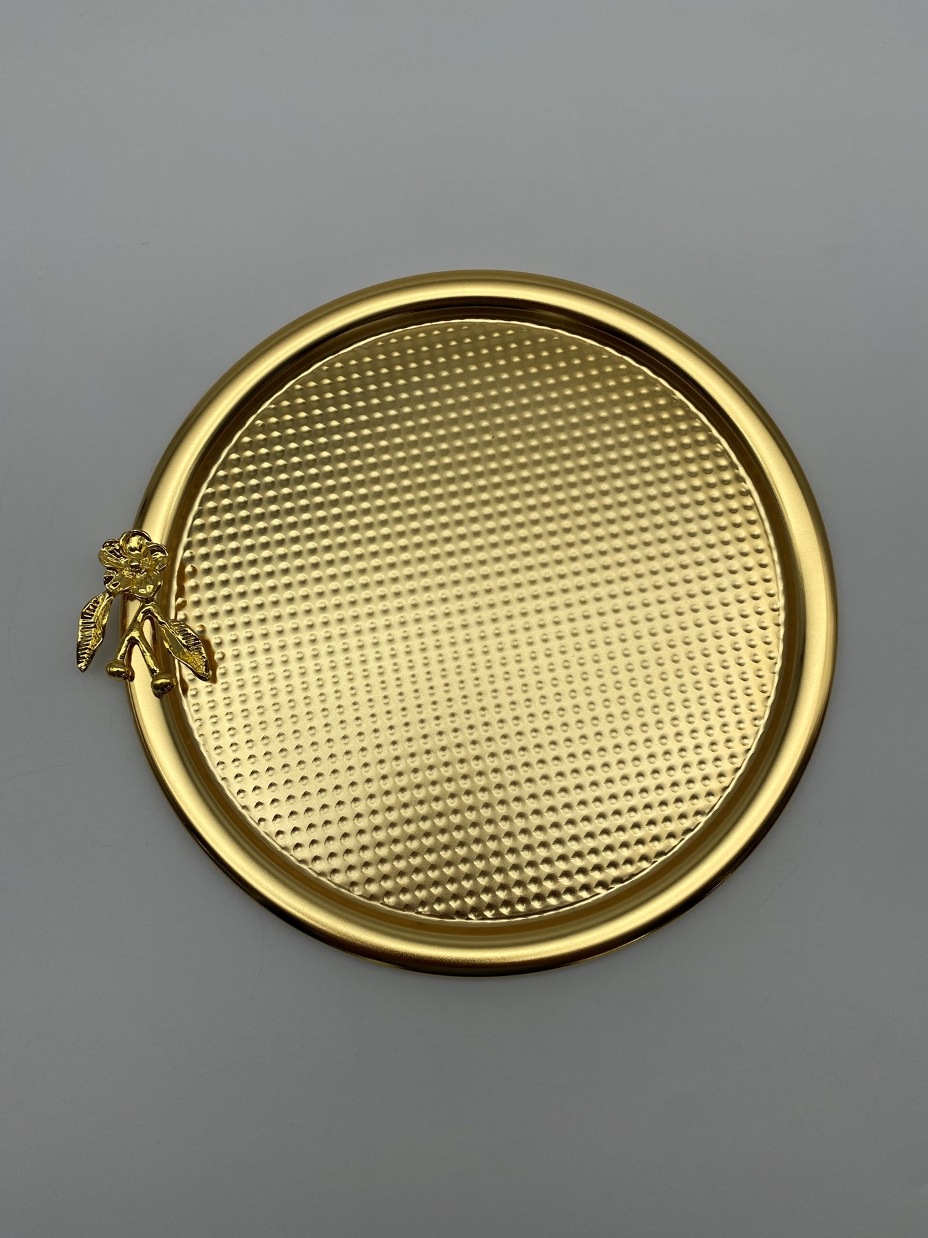 3'lü Japon Güllü Yuvarlak Gold Çay ve Kahve Sunum Tepsisi, Dekoratif Servis Tepsisi 22cm