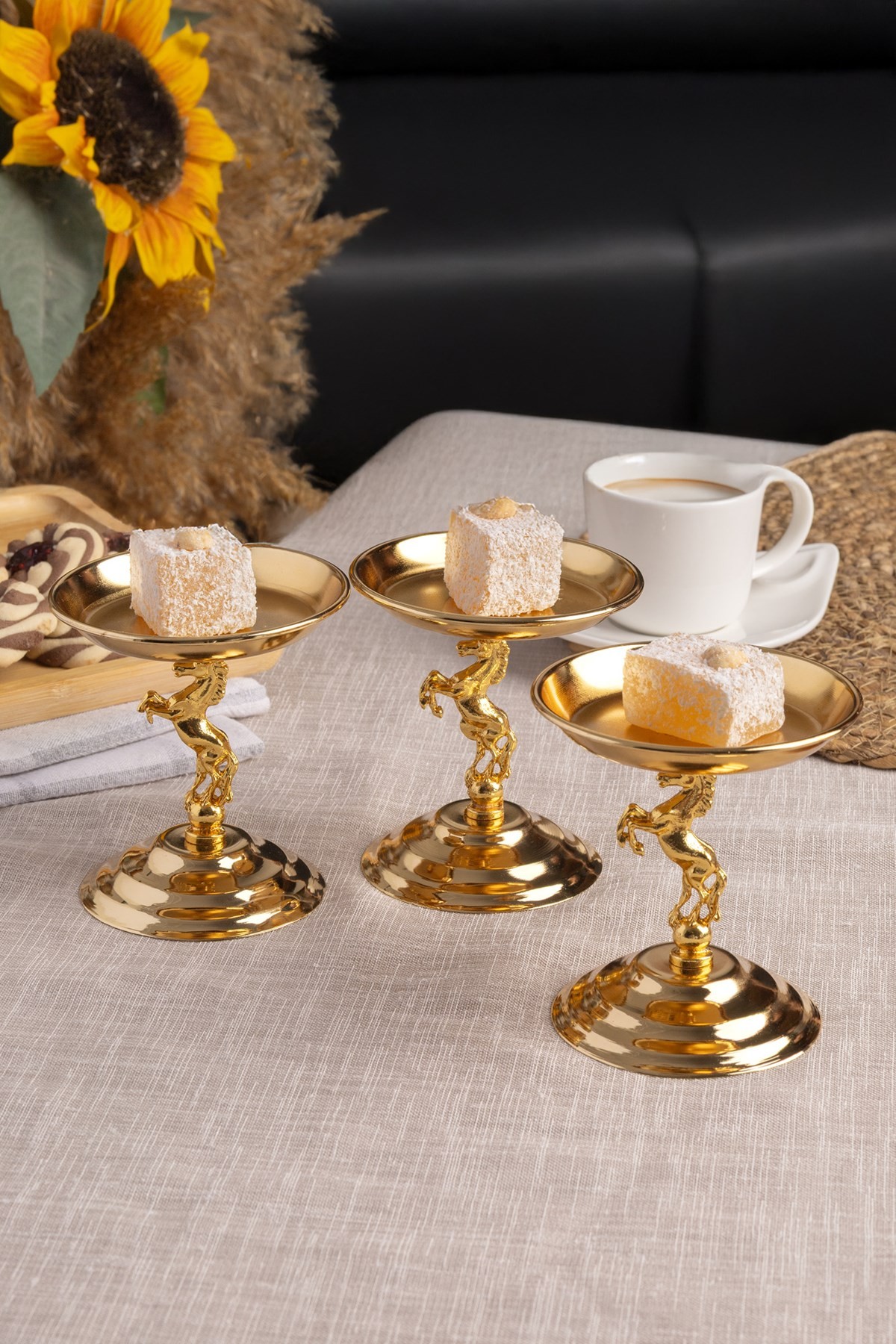 3'lü Atlı Gold Lokumluk, Çay ve Kahve Yanı Sunumluk, Metal Şekerlik, Makaronluk