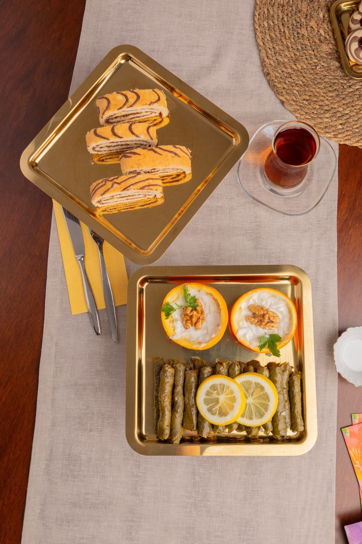 2'li Gold Kare, Ayaklı Şık Kek, Pasta, Kurabiye ve Tatlı Servis Sunum Standı