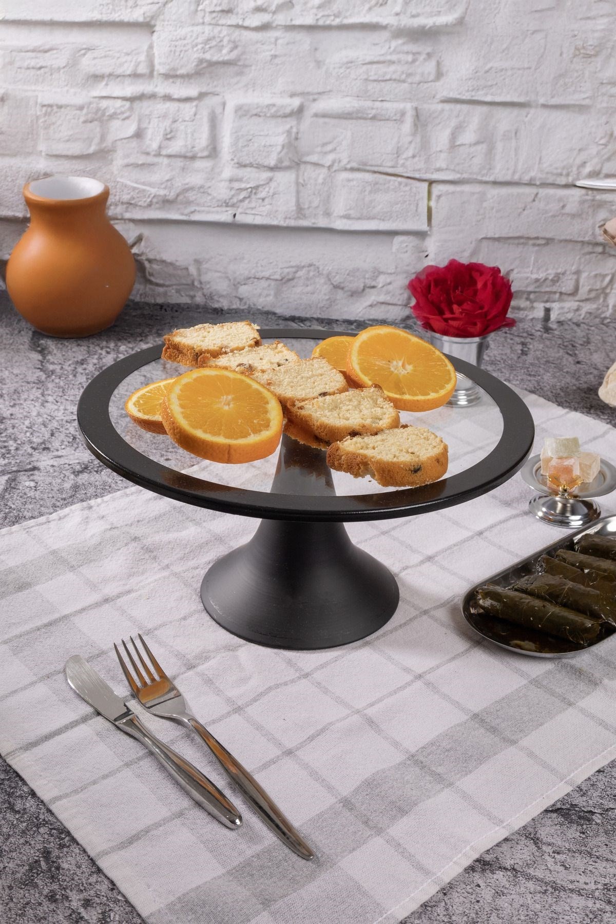Siyah Yuvarlak Pasta Standı, Kek ve Kurabiye Sunum Stantı, Çeyizlik, Hediyelik, Pasta Tabağı