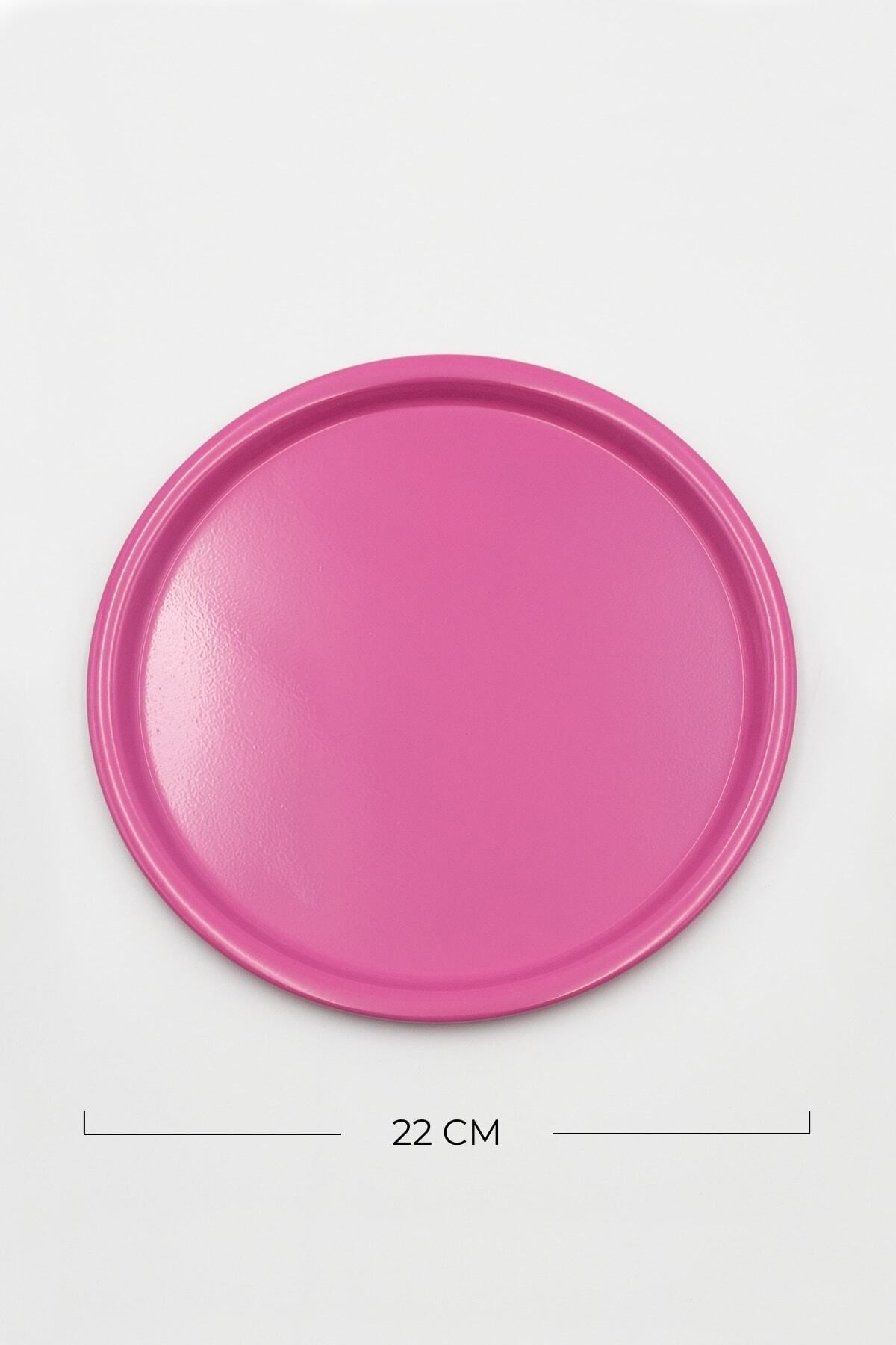 6'lı Pembe Yuvarlak Metal Tepsi, Tek Kişilik Çay ve Kahve Sunum Tepsisi 22cm