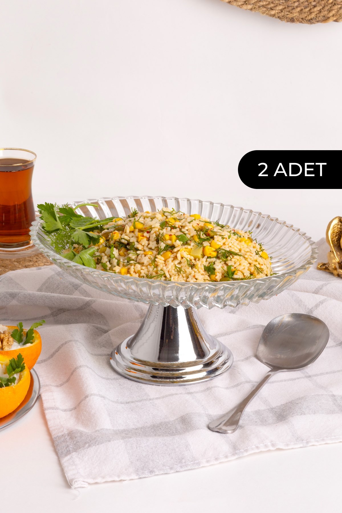 2'li Gümüş Ayaklı Oval Cam Sunumluk, Sarma, Dolma, Salata, Meyve, ve Pasta Stantı, Çeyizlik