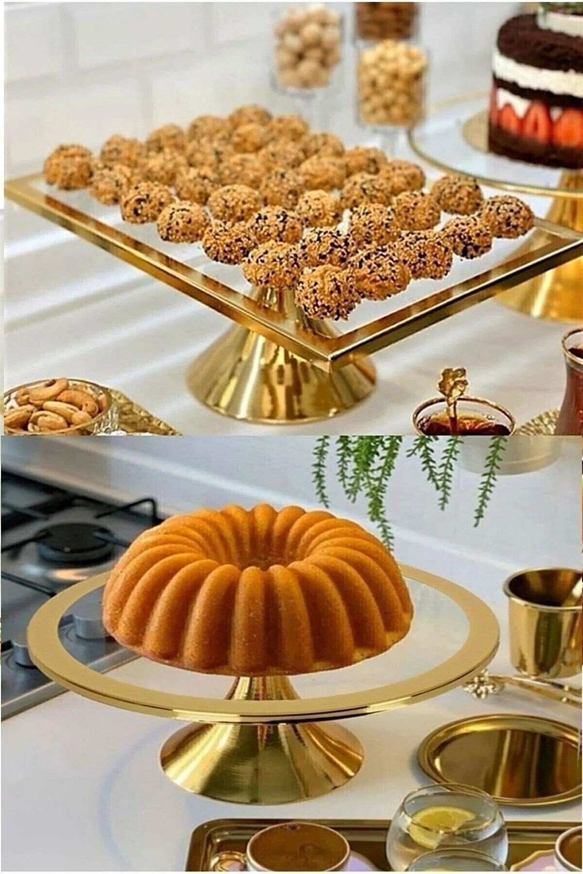 2'li Gold Yuvarlak ve Dikdörtgen Pasta Stantı, Kek ve Kurabiye Sunum Stantı, Çeyizlik, Hediyelik