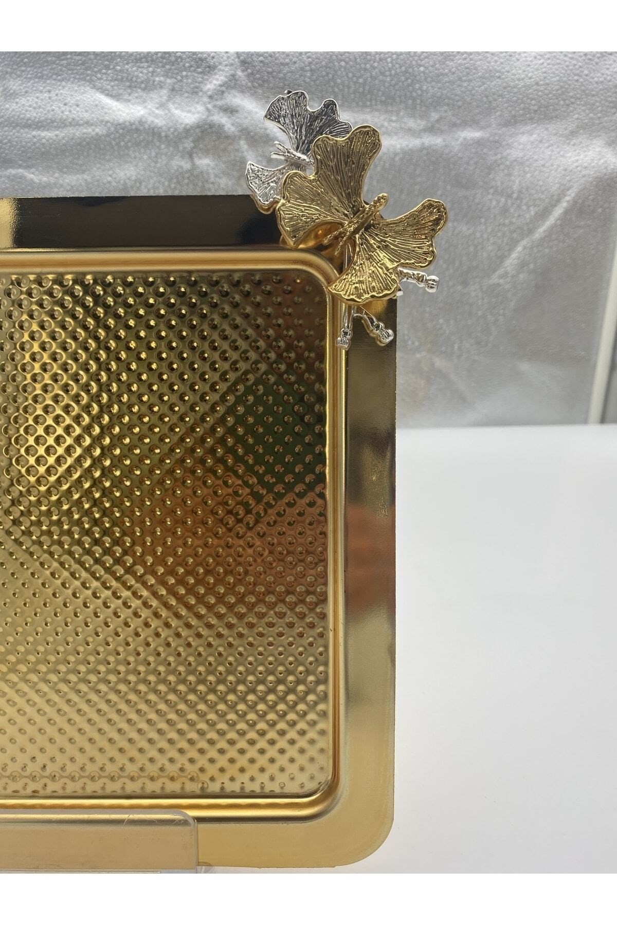 Ayaklı Kare Kelebekli Gold Kek, Kurabiye ve Pasta Sunum Tabağı, Servis Tepsisi
